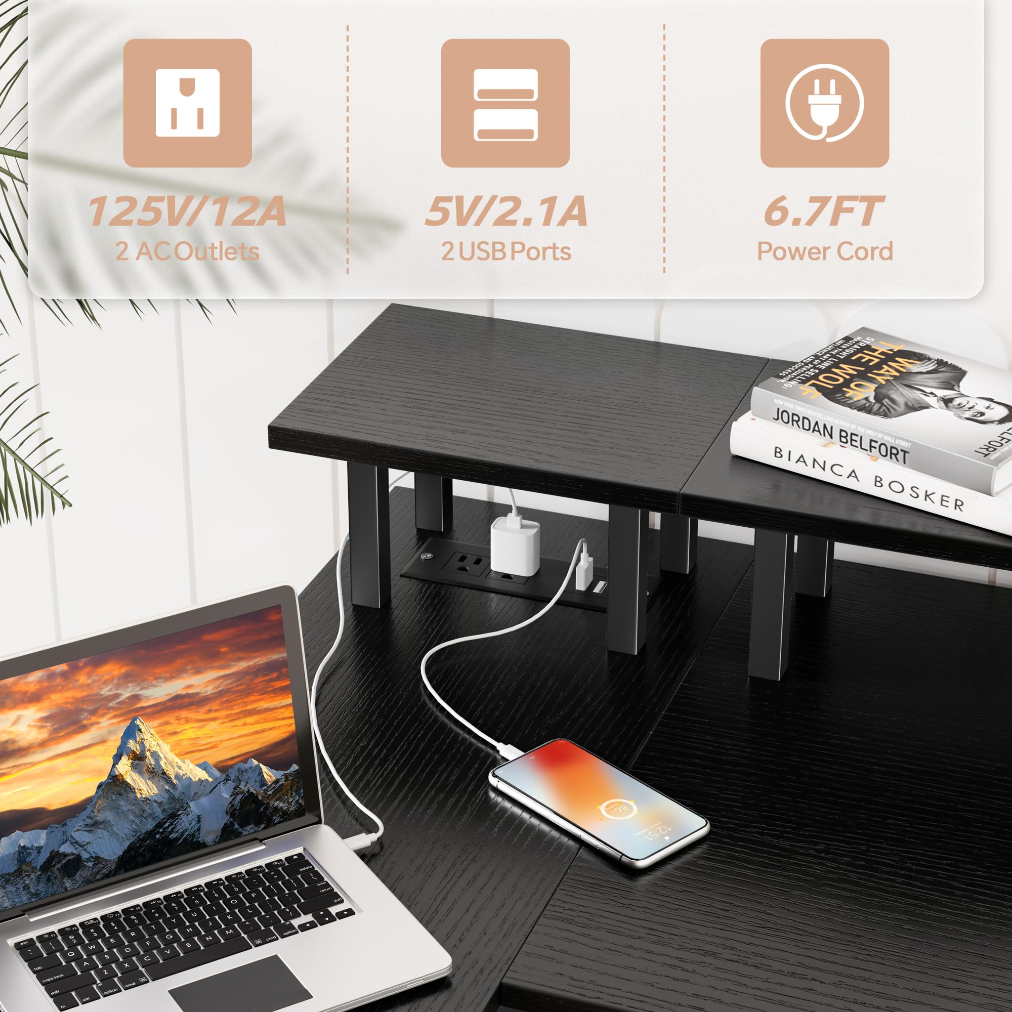 L Shaped Desk with Power Outlets and LED Lights