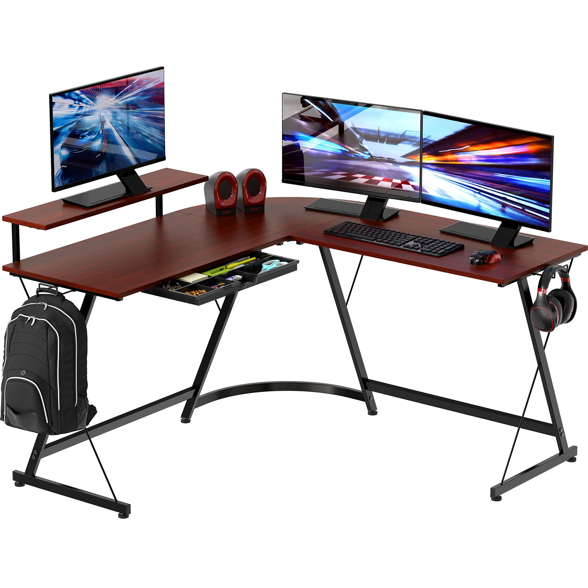 L Shaped Black Desk with Monitor Stand and Drawer