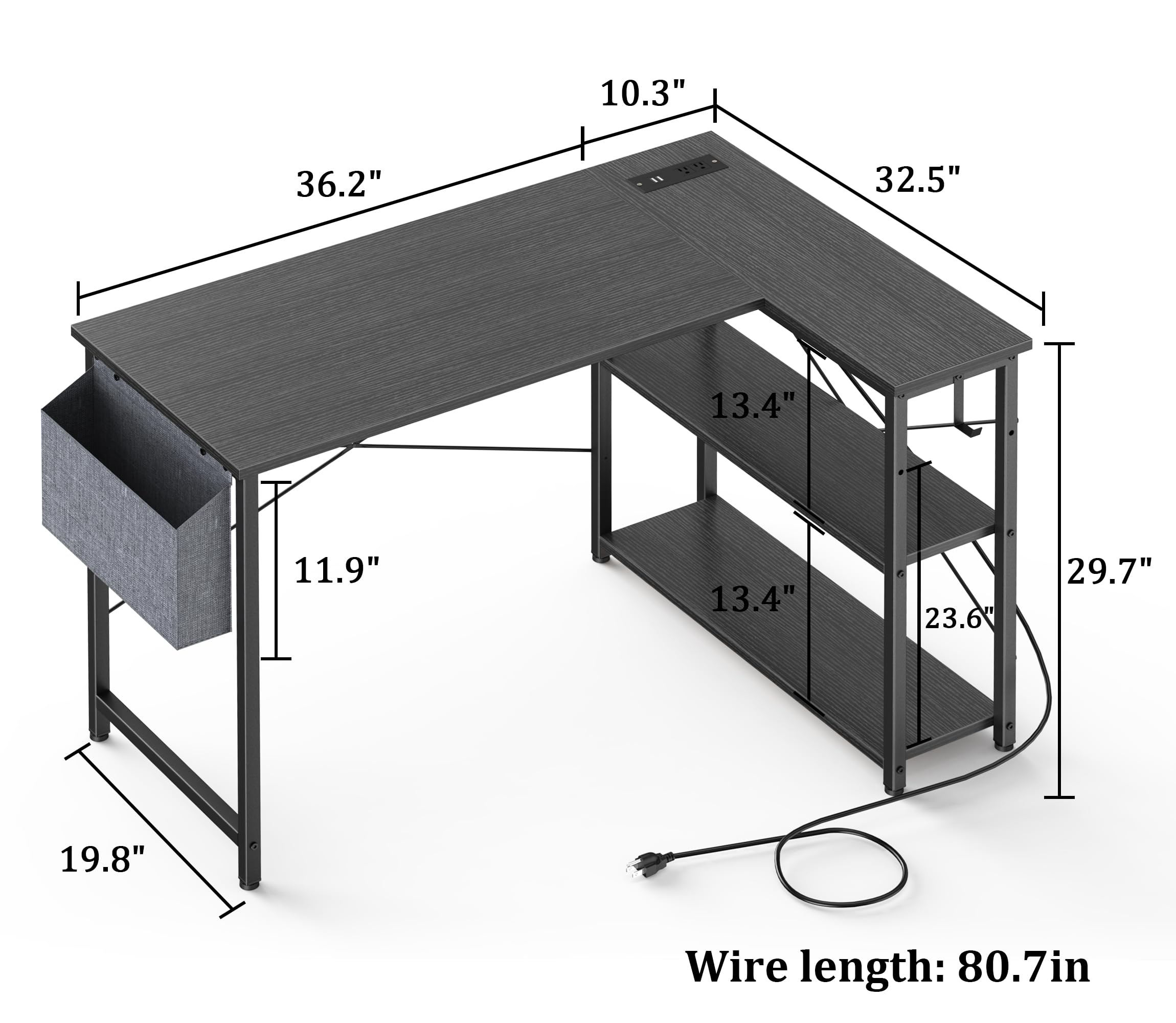 L Shaped Office Desk with USB Ports for Small Spaces