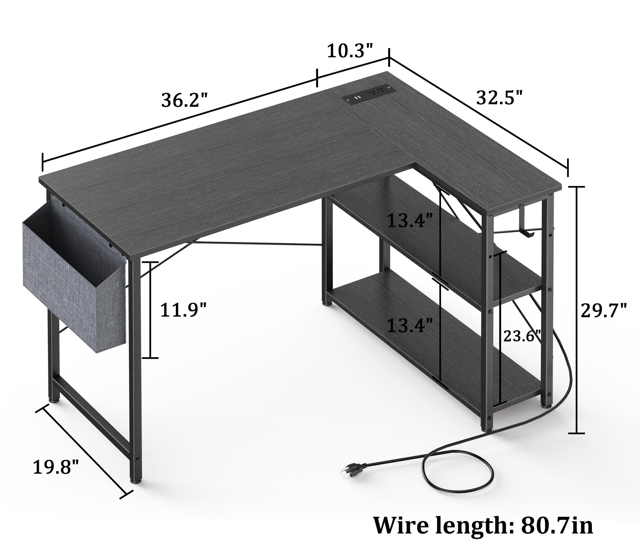 L Shaped Office Desk with USB Ports for Small Spaces