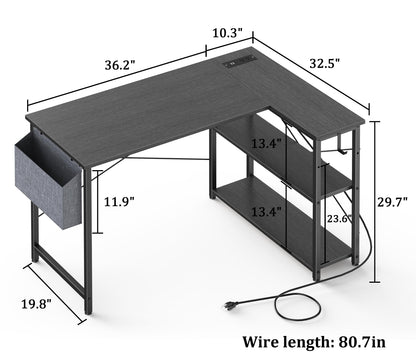L Shaped Office Desk with USB Ports for Small Spaces