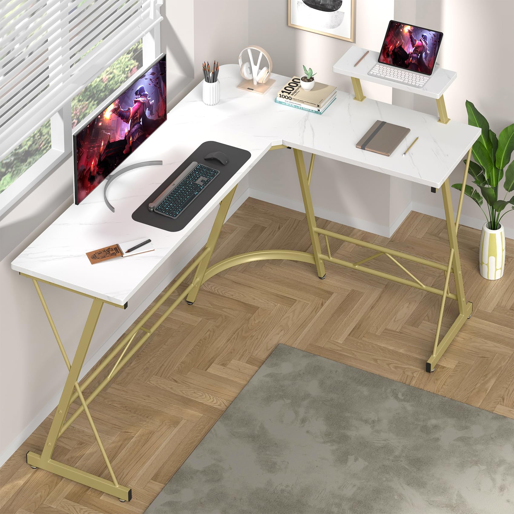 L Shaped Gaming Desk with Large Monitor Stand