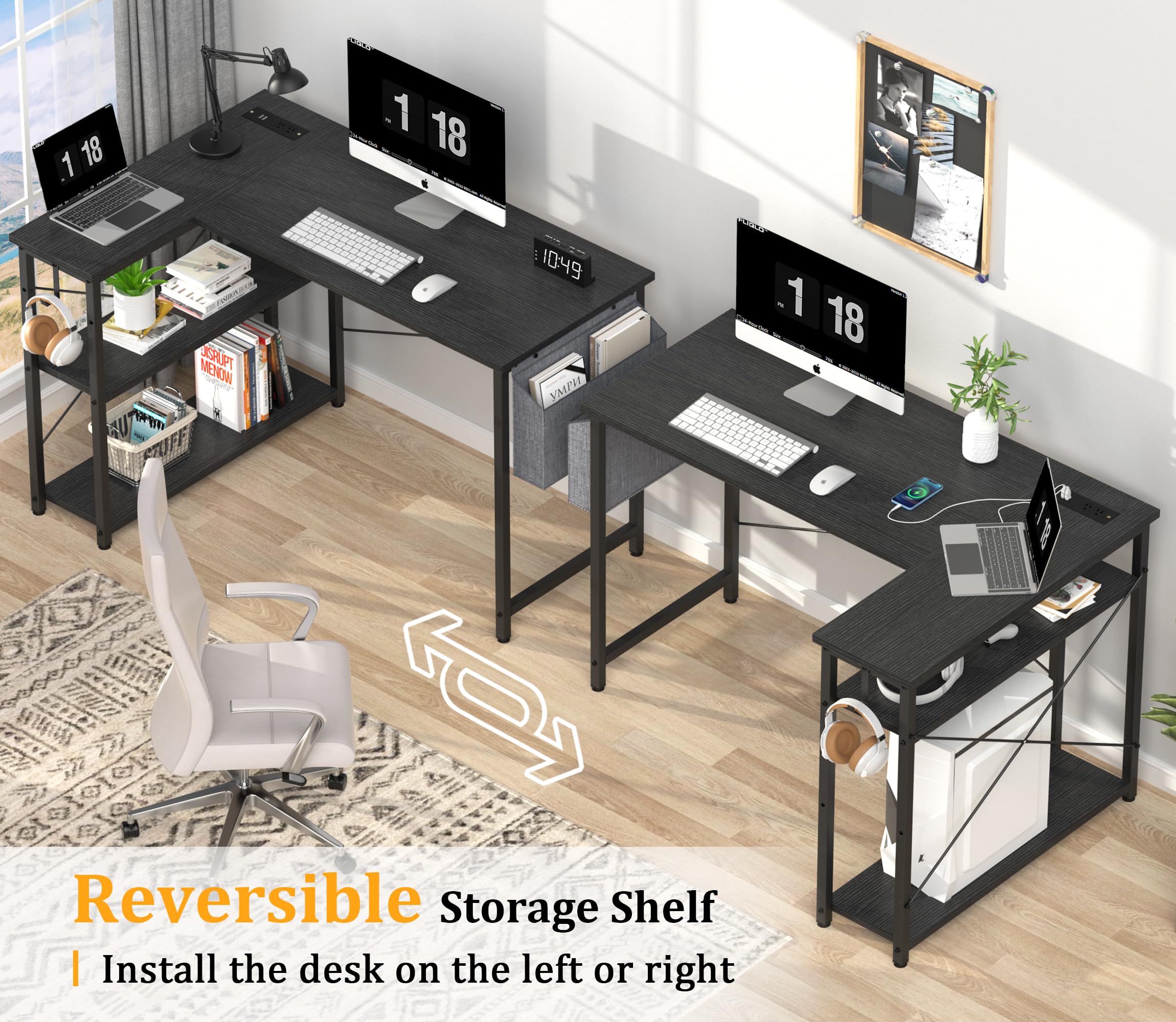 L Shaped Office Desk with USB Ports for Small Spaces