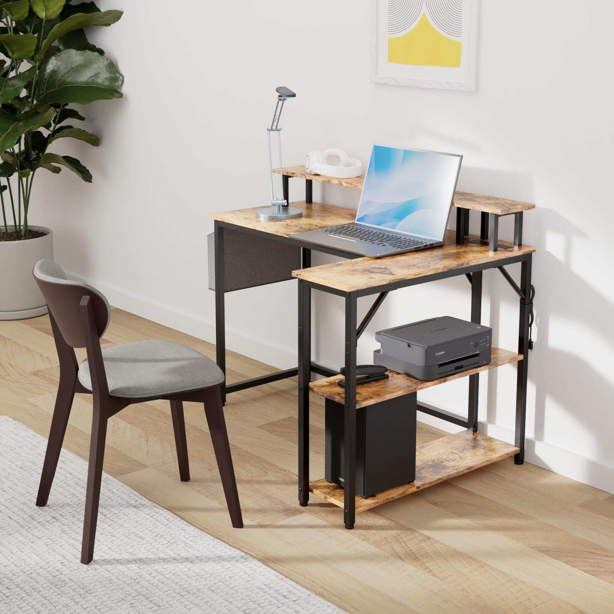 L Shaped Desk with Power Outlets and LED Lights