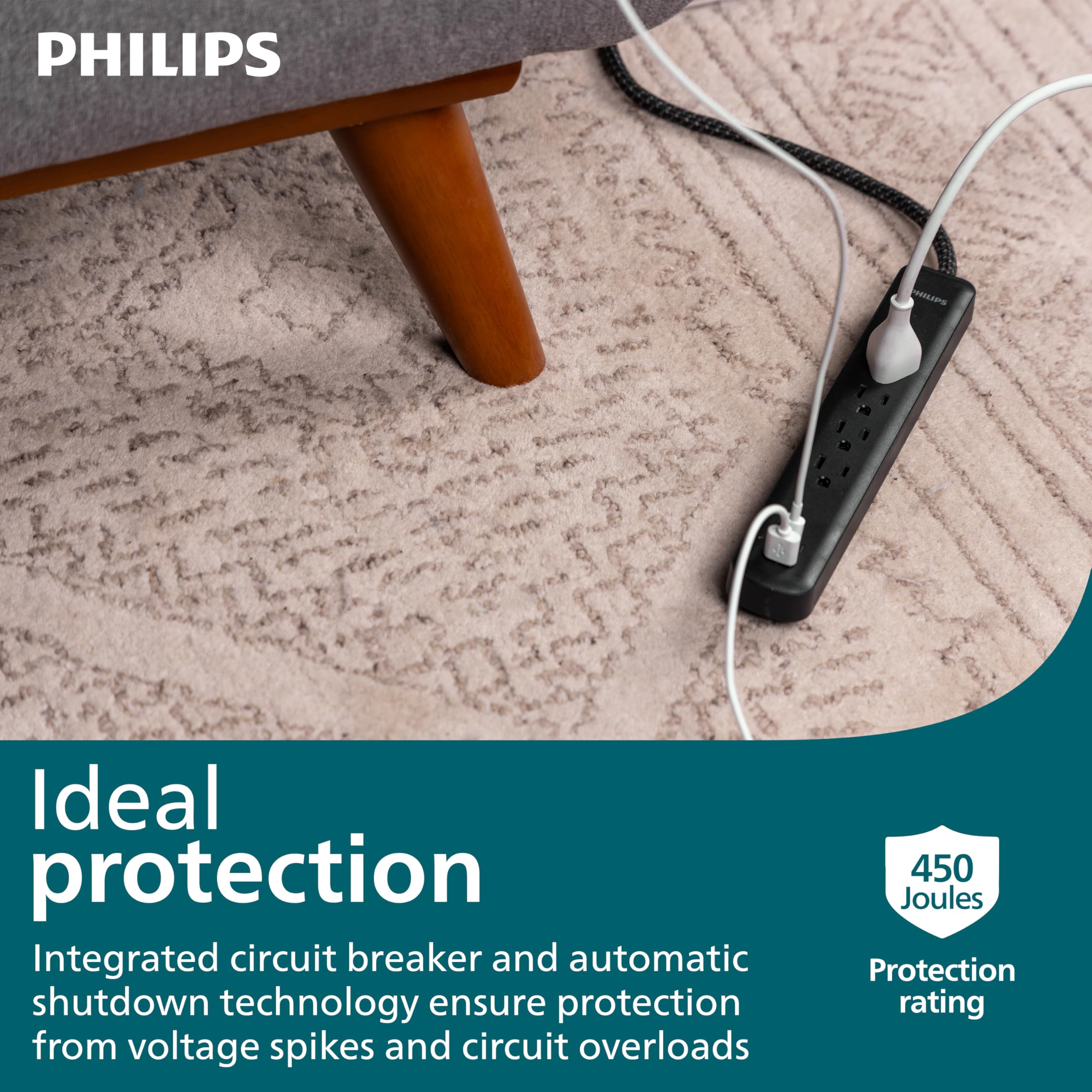 Philips Power Strip Surge Protector With Braided Cord
