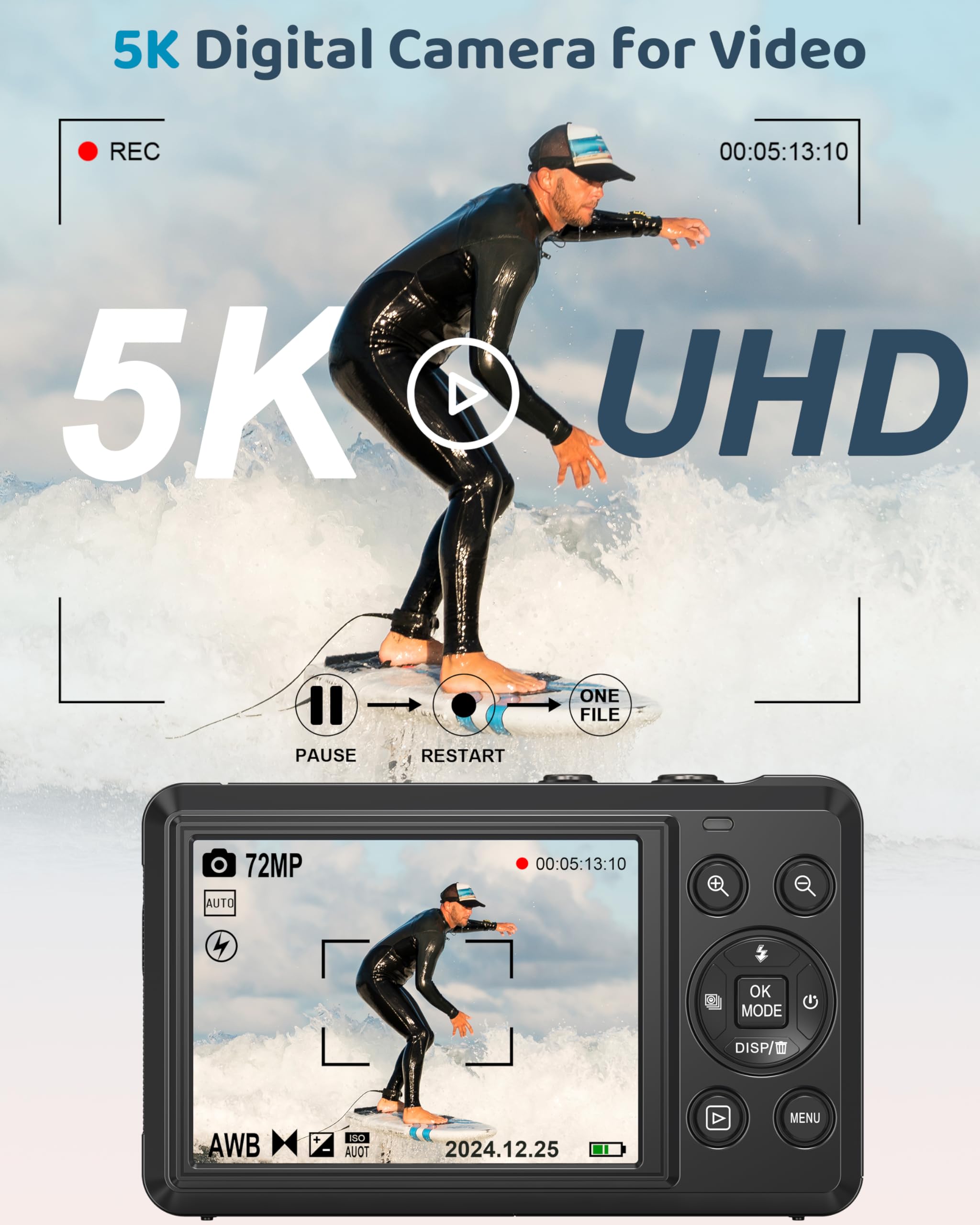 5K Digital Camera with 16X Zoom for Kids
