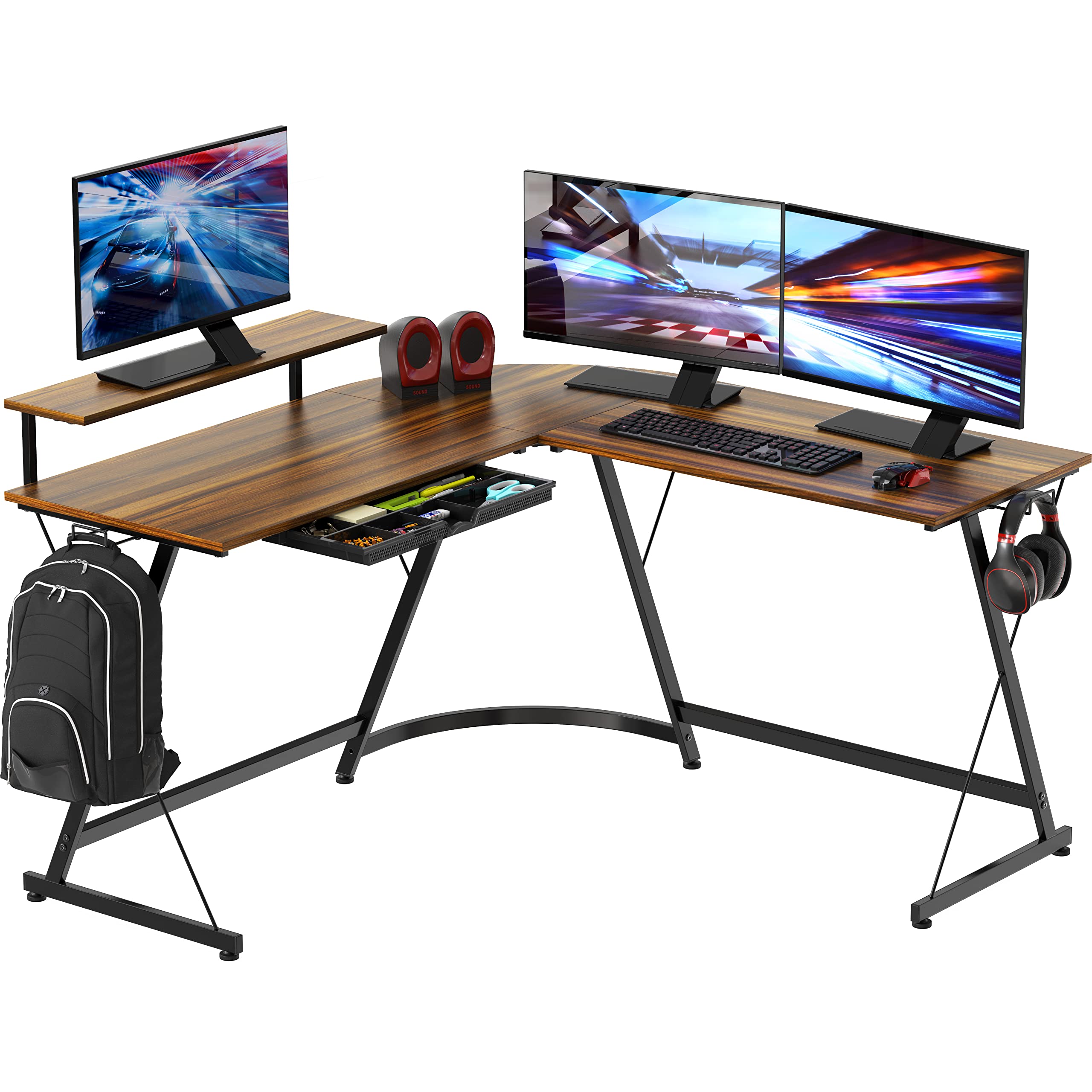 L Shaped Black Desk with Monitor Stand and Drawer