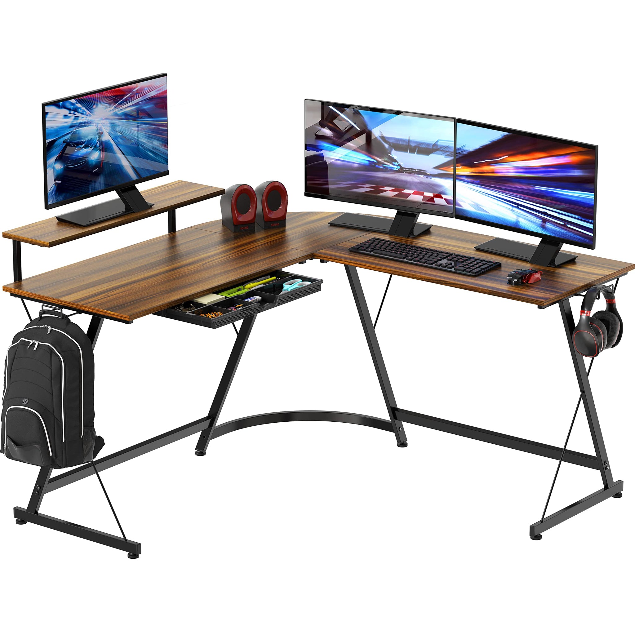 L Shaped Black Desk with Monitor Stand and Drawer