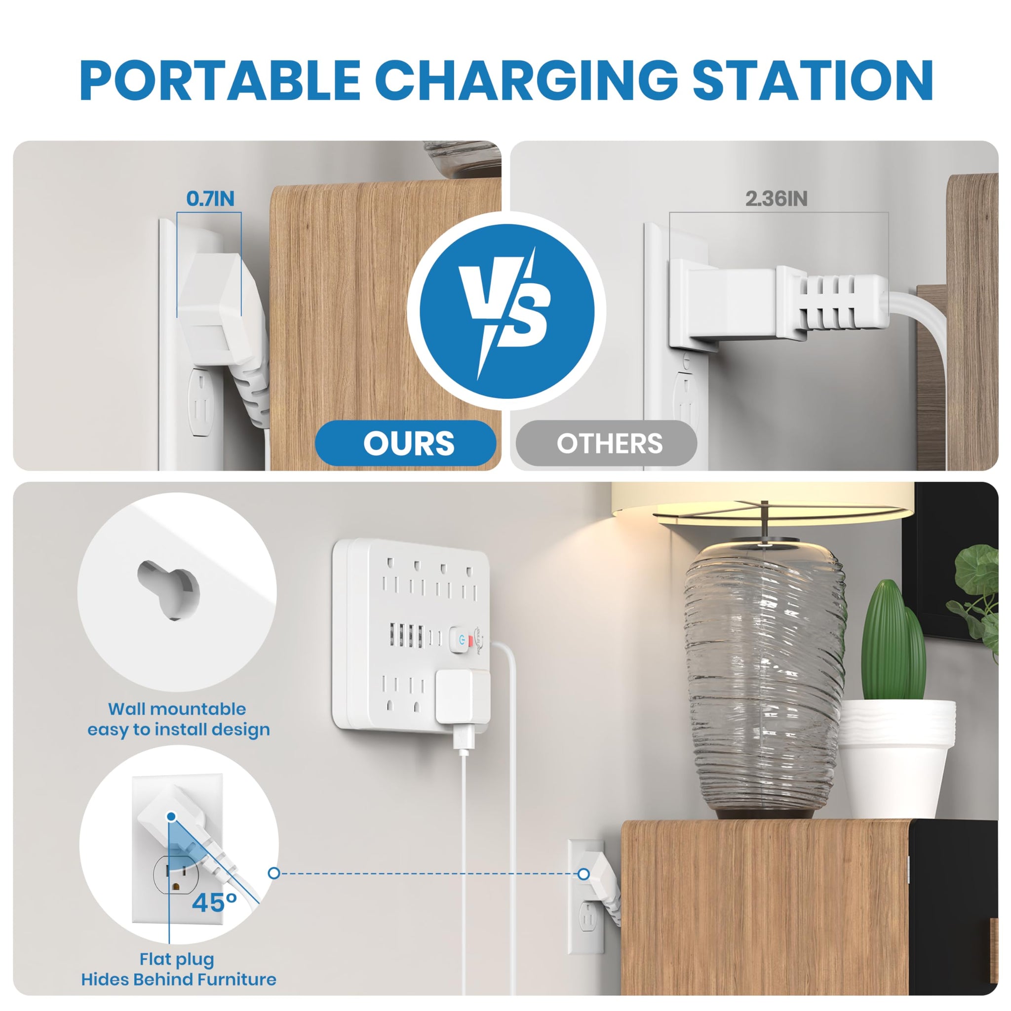 Power Strip Surge Protector With USB Ports Wall Mount