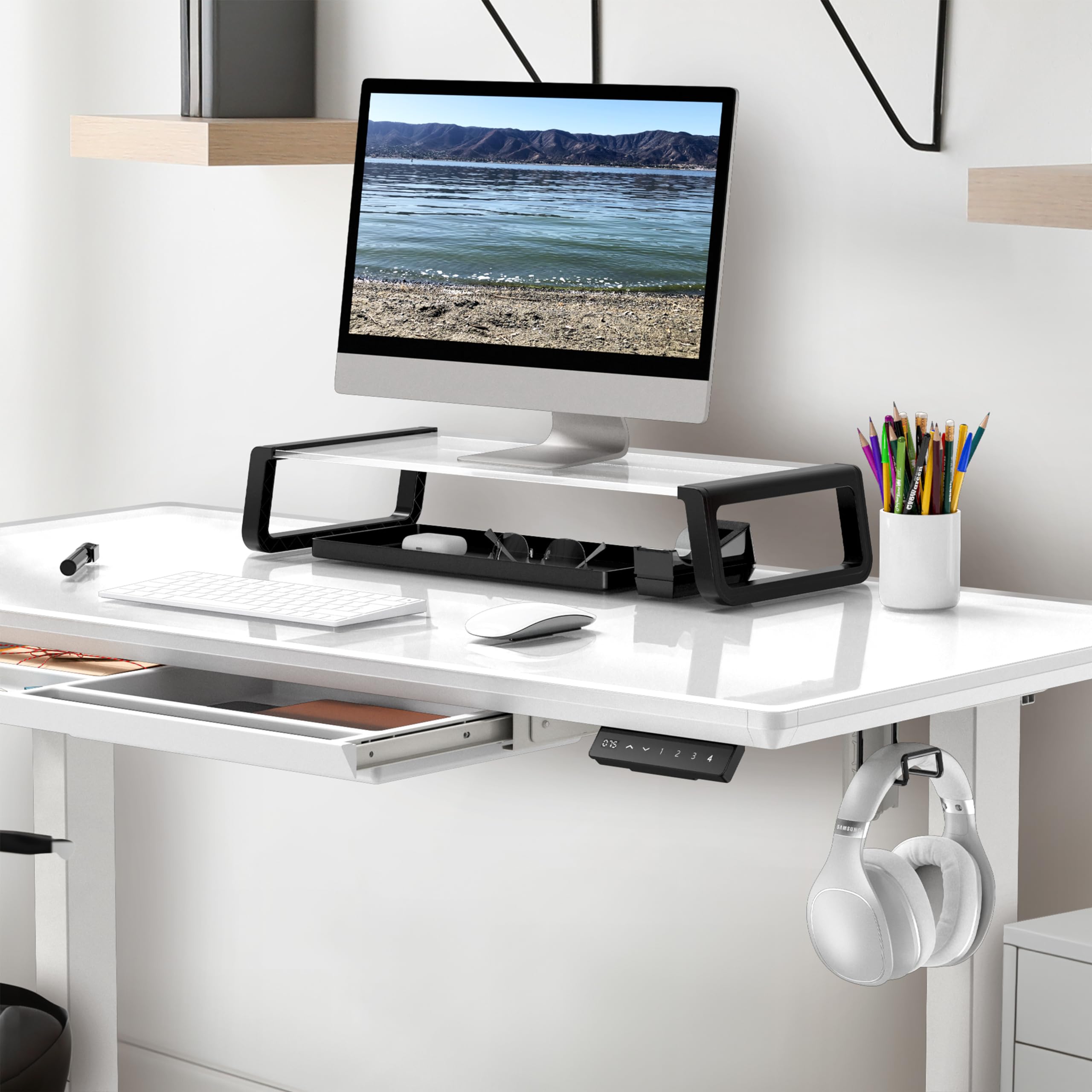 Height Adjustable Glass Desk With Monitor Riser