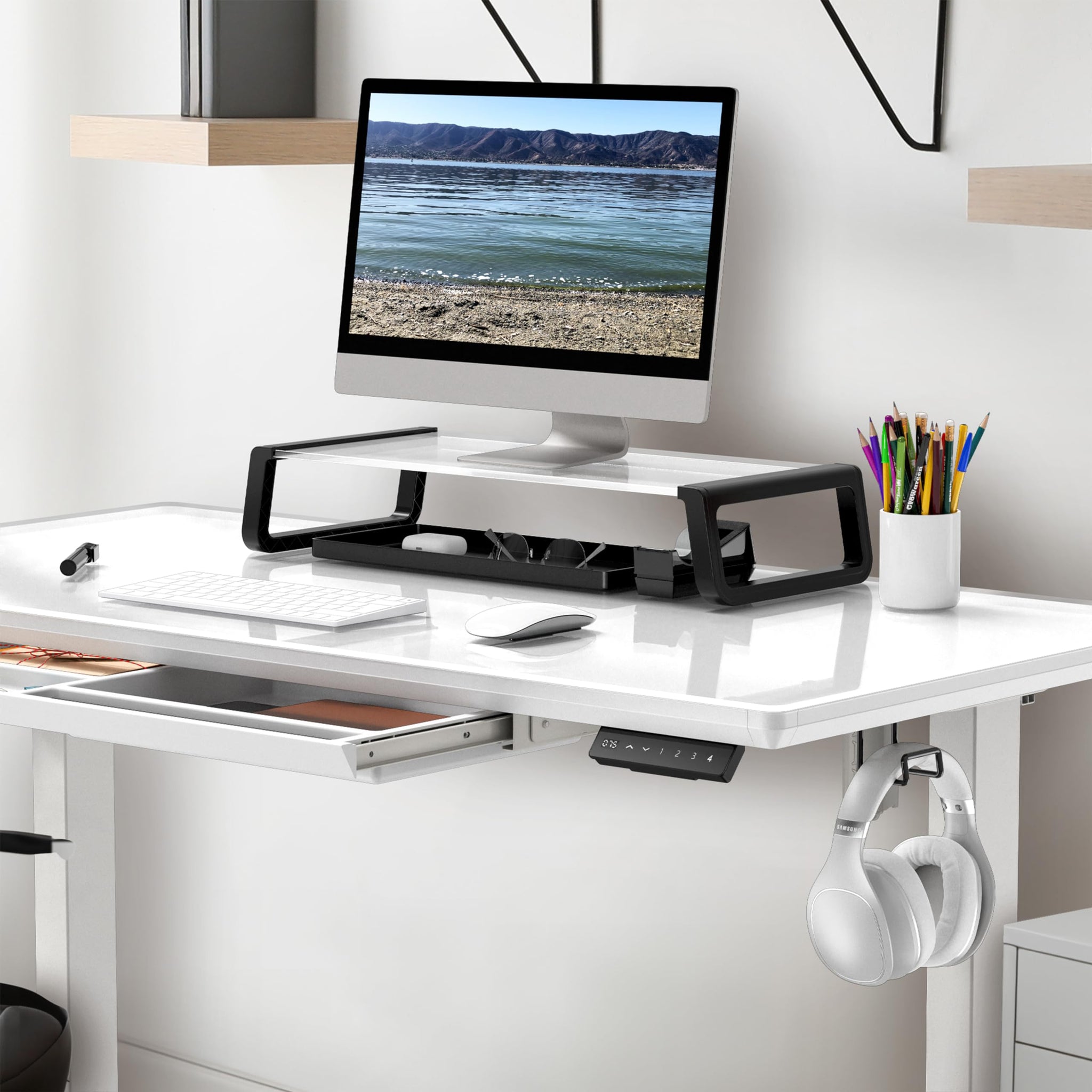 Height Adjustable Glass Desk With Monitor Riser