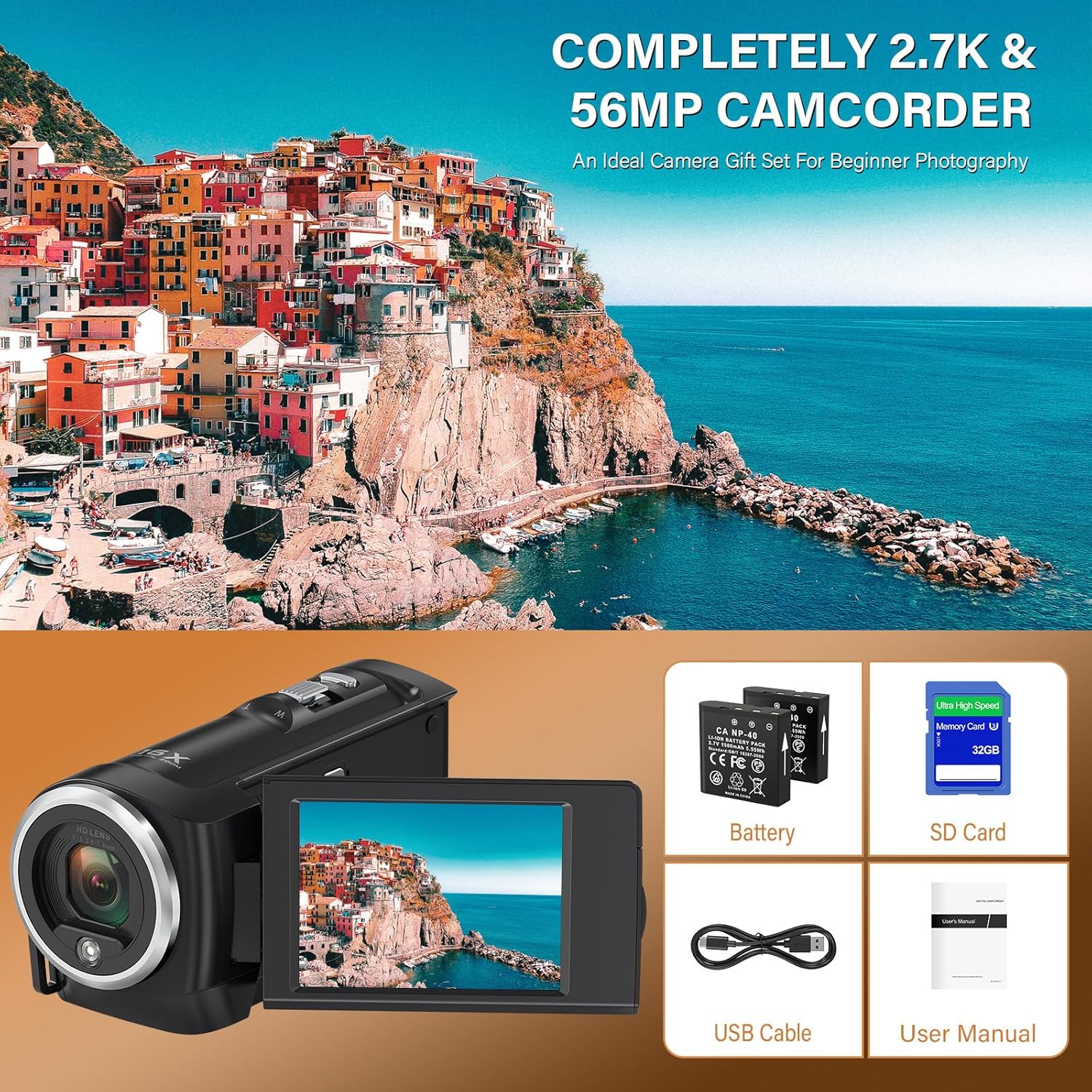 QHD 2.7K Camcorder with 16X Zoom and LED Light