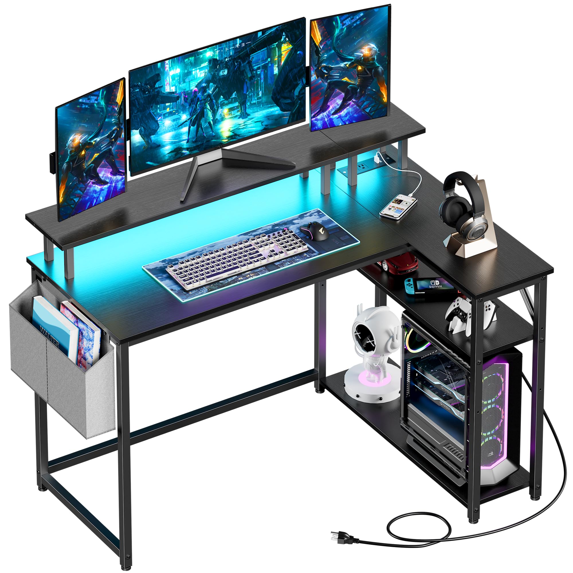 L Shaped Desk with Power Outlets and LED Lights