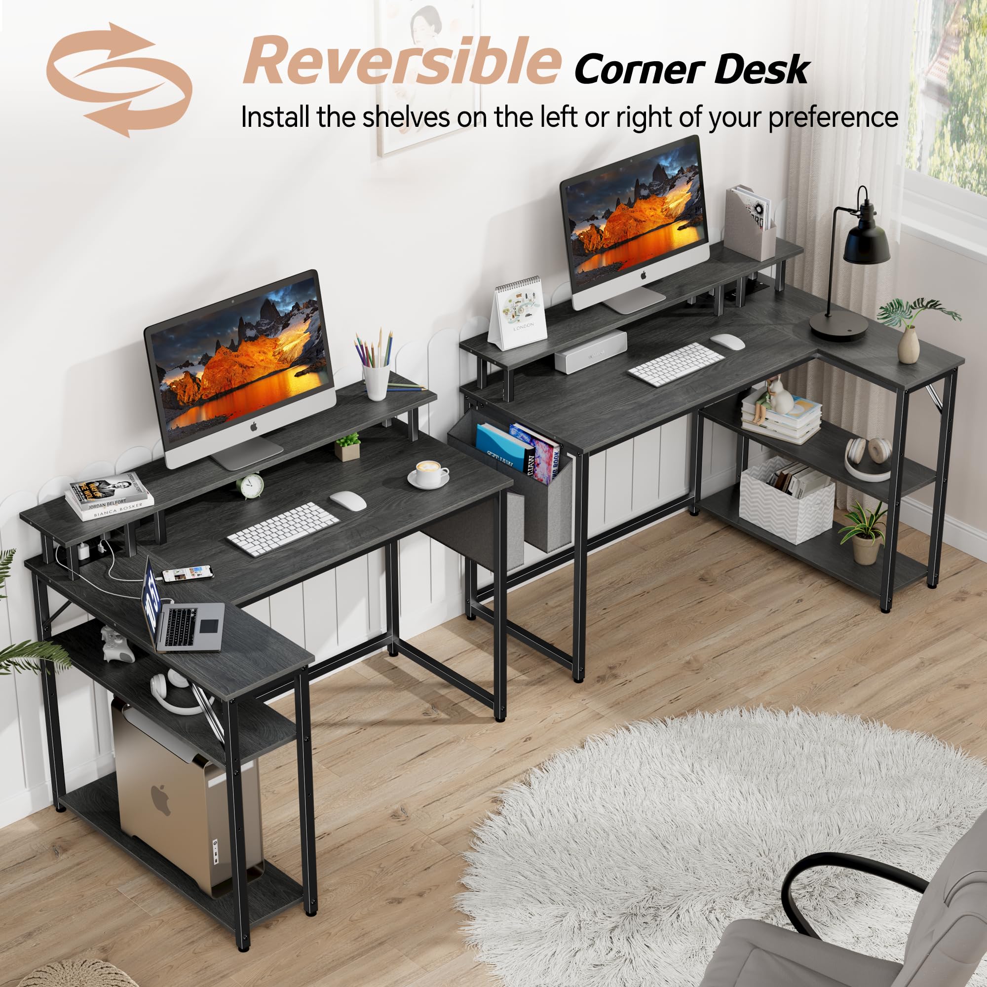 L Shaped Desk with Power Outlets and LED Lights
