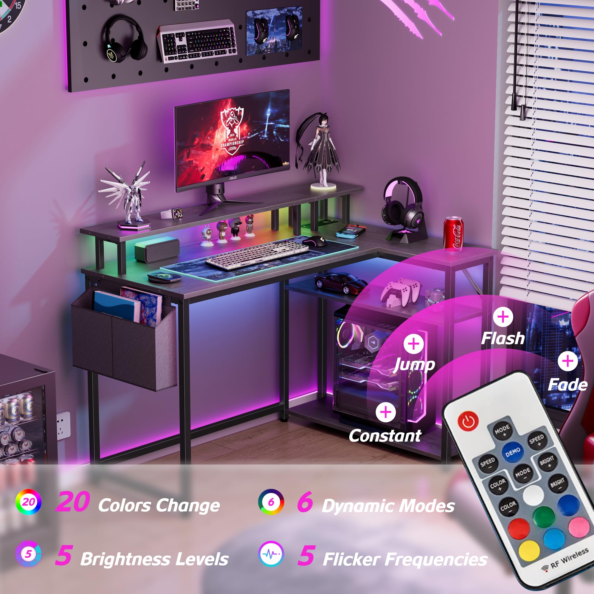 L Shaped Desk with Power Outlets and LED Lights