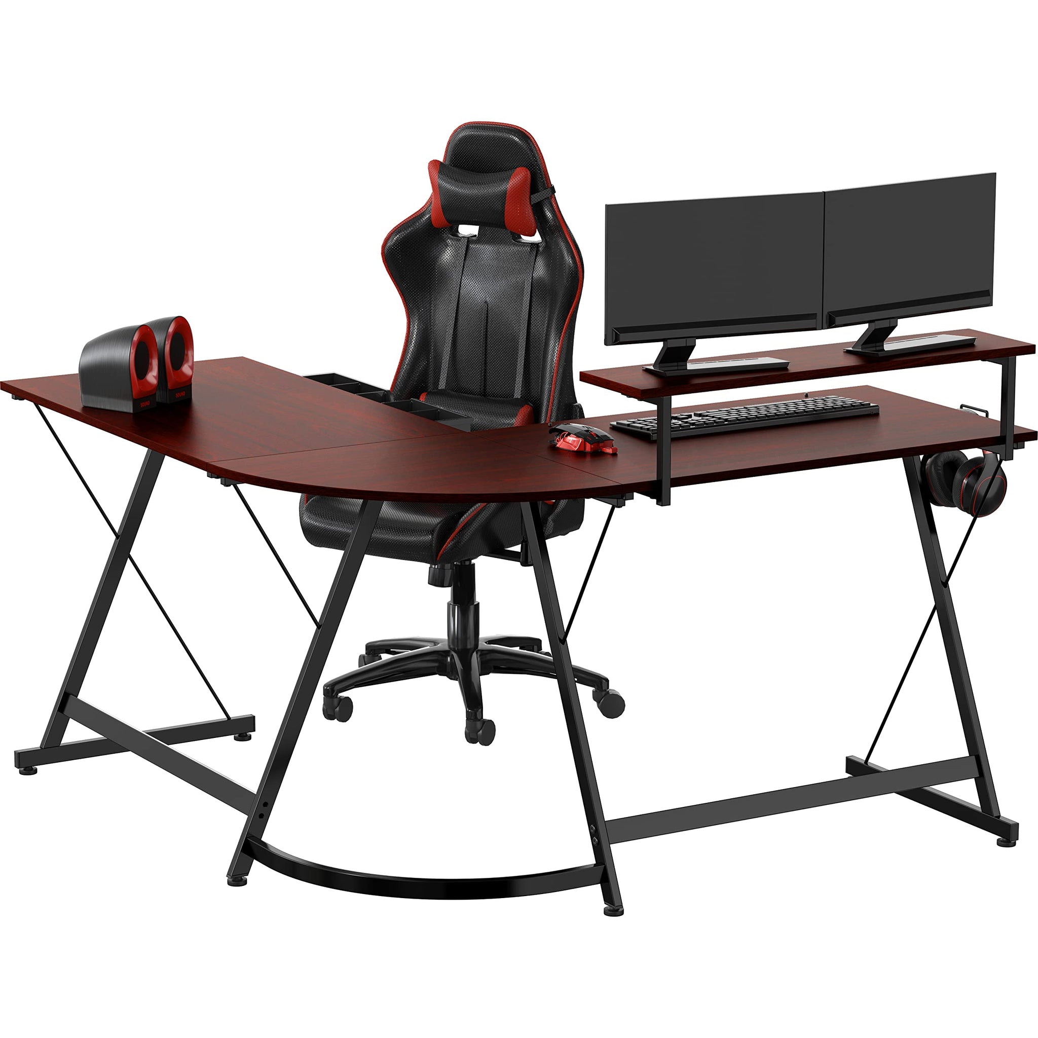L Shaped Black Desk with Monitor Stand and Drawer
