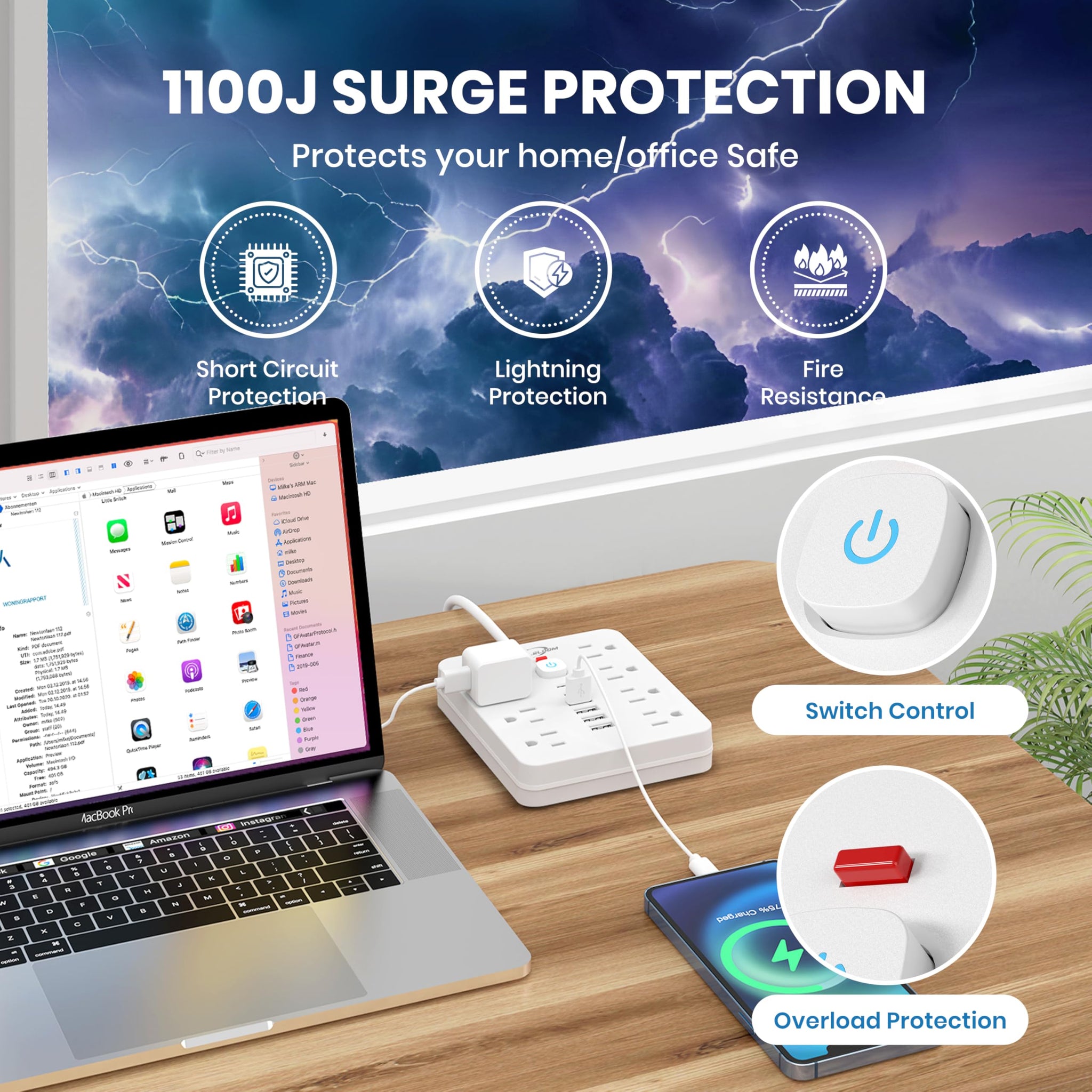 Power Strip Surge Protector With USB Ports Wall Mount