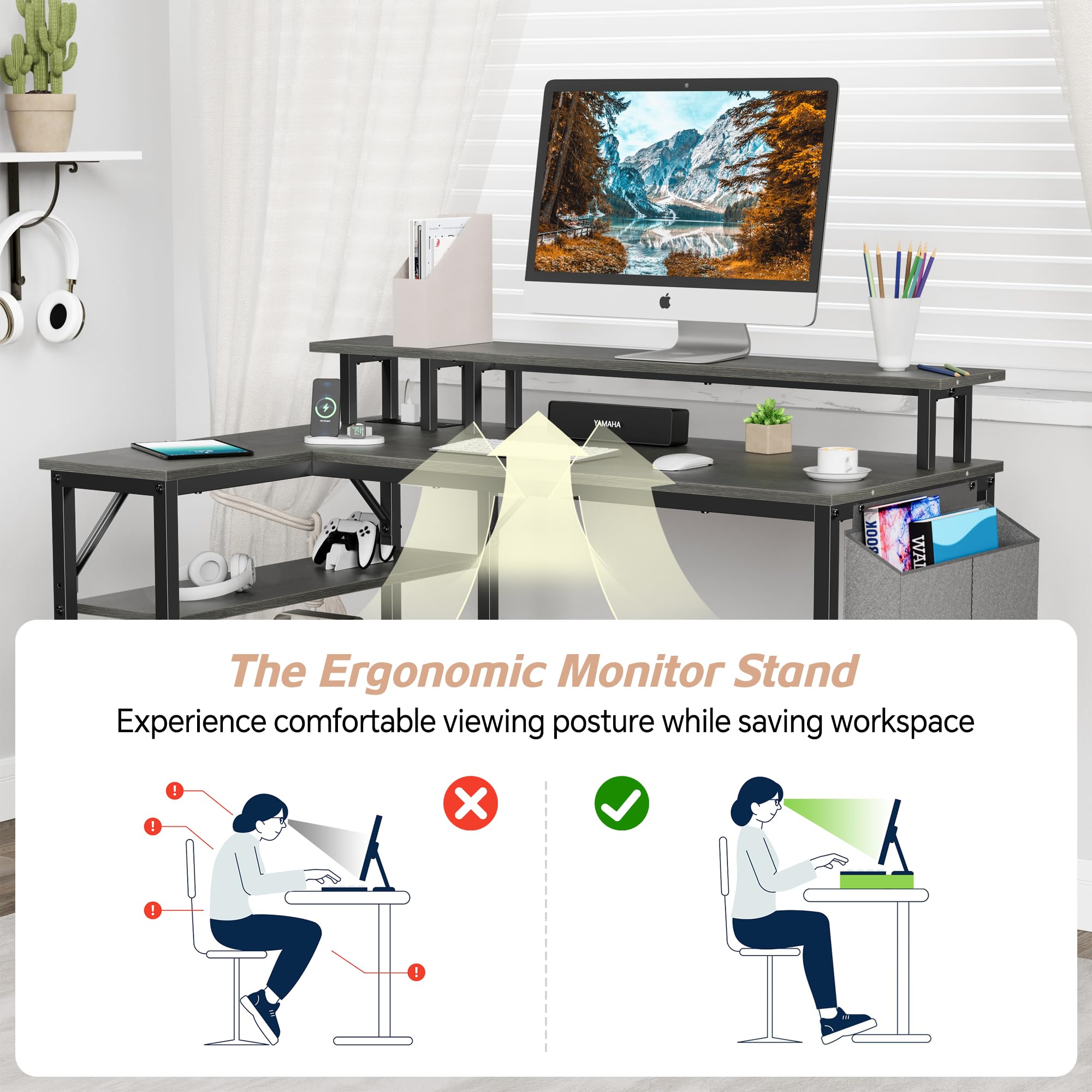 L Shaped Desk with Power Outlets and LED Lights