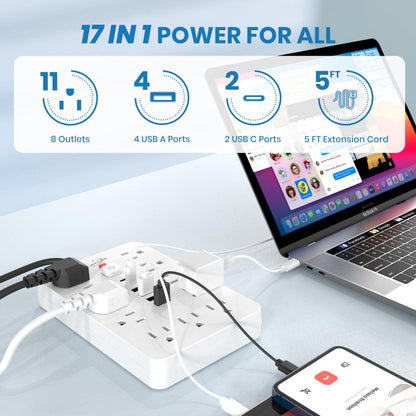 Power Strip Surge Protector With USB Ports Wall Mount