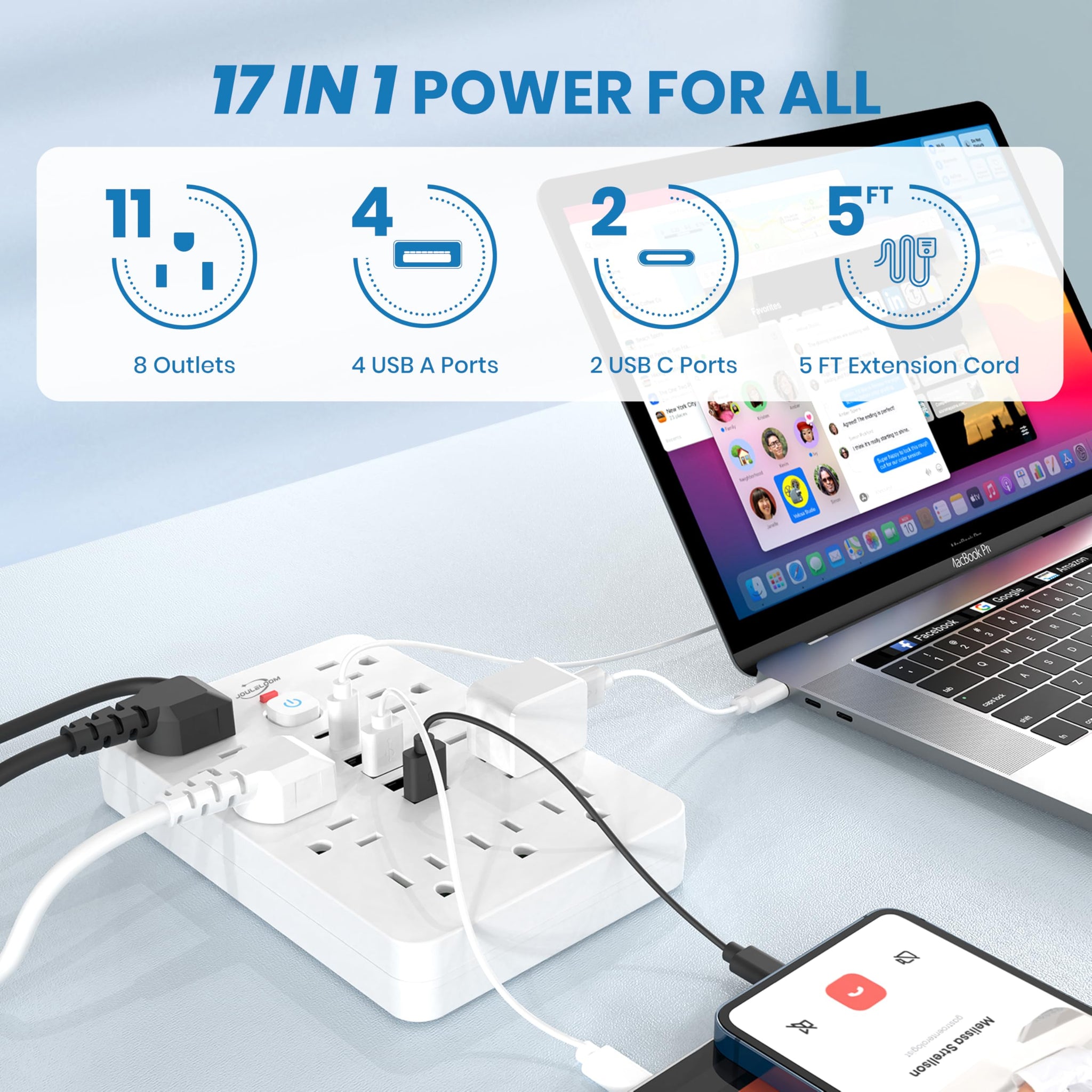 Power Strip Surge Protector With USB Ports Wall Mount