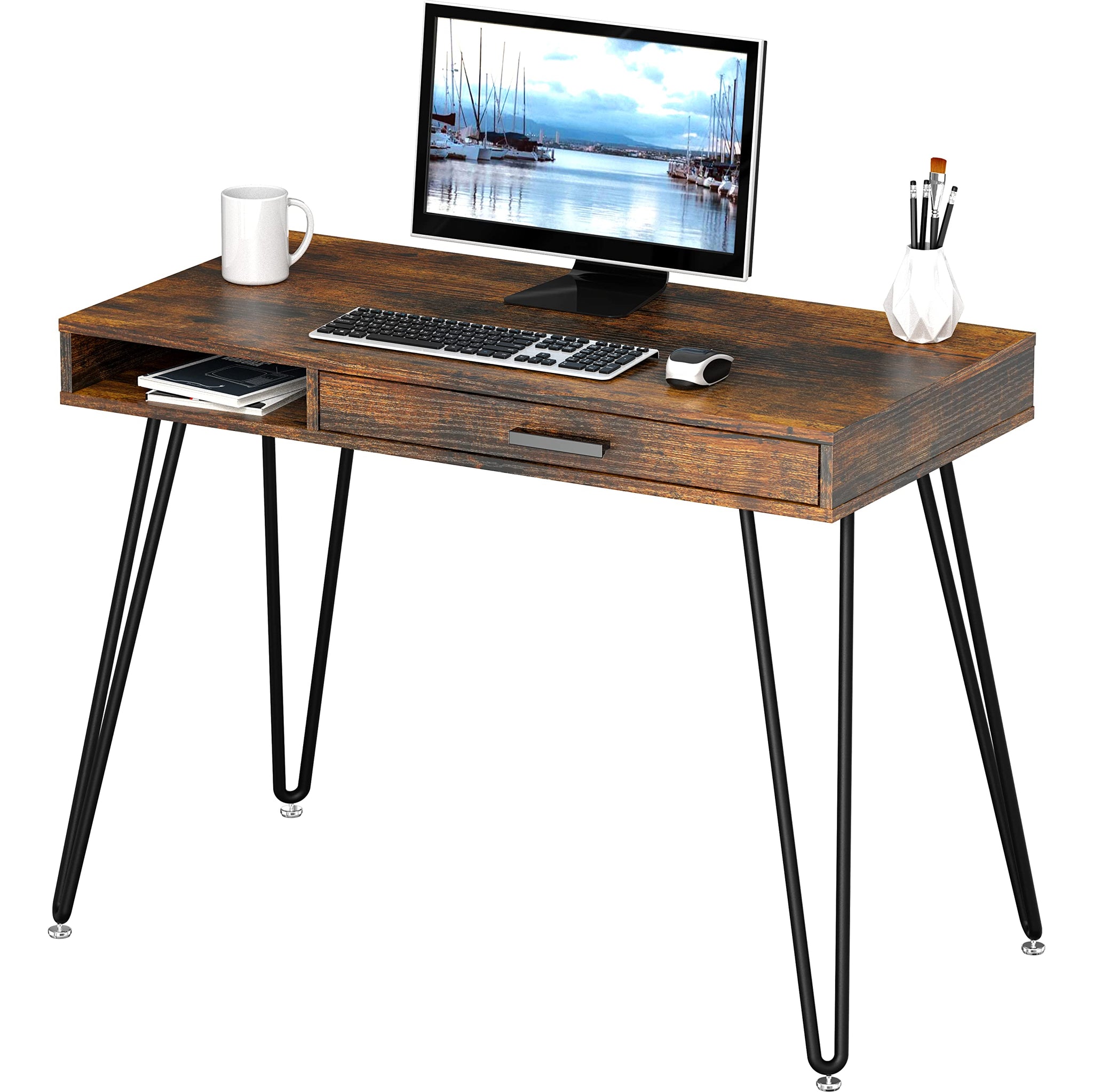 Elegant White Hairpin Leg Desk with Drawer