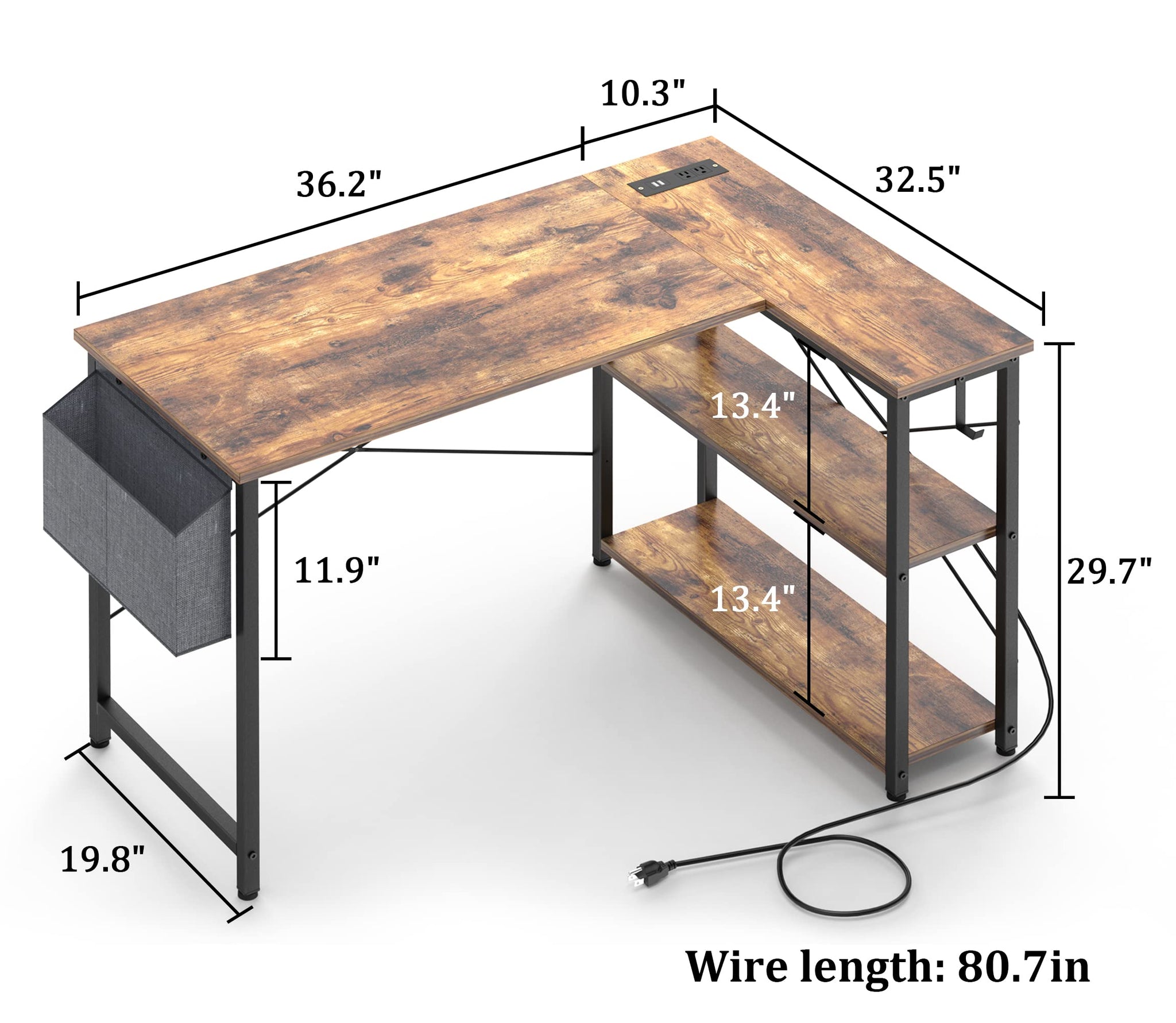 L Shaped Office Desk with USB Ports for Small Spaces