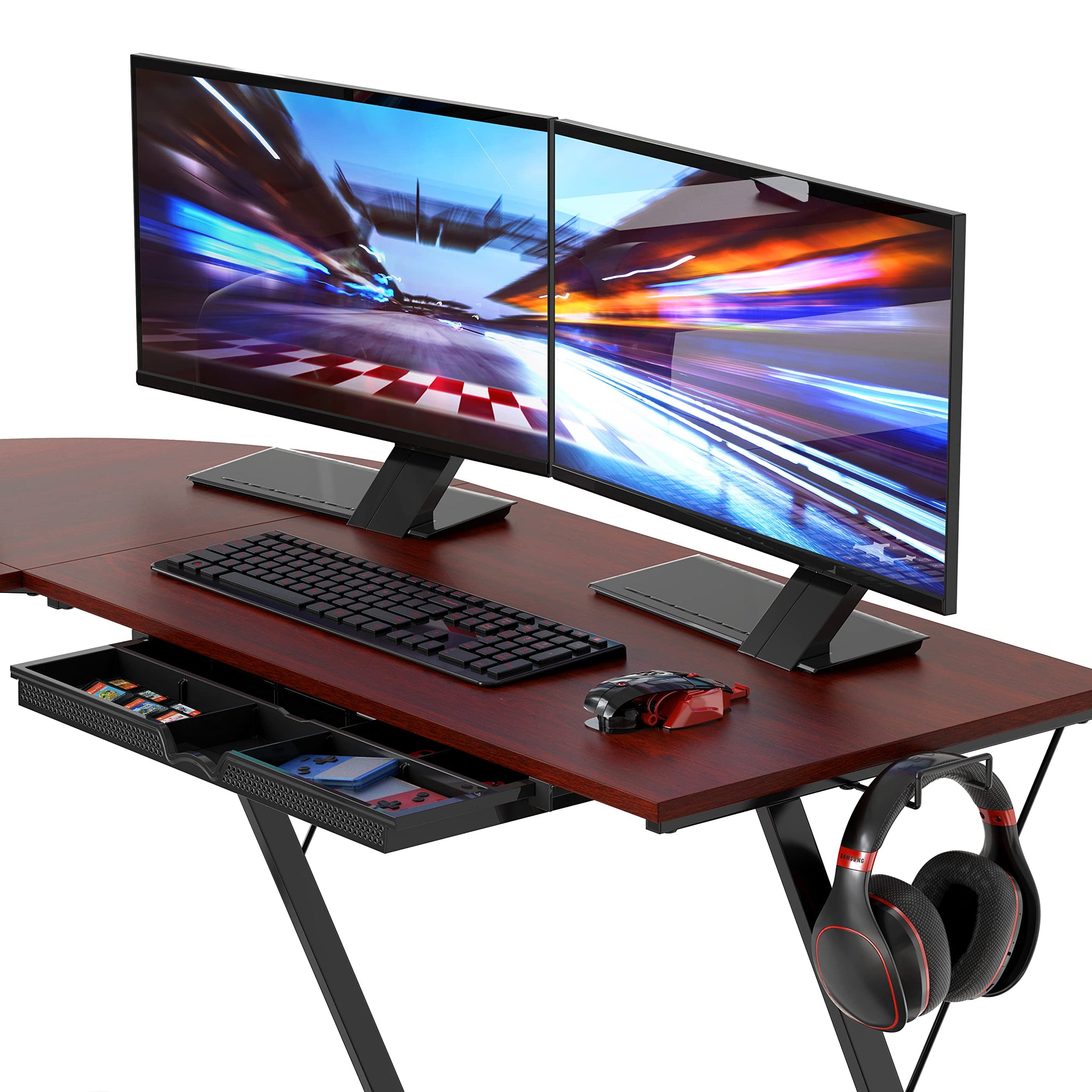L Shaped Black Desk with Monitor Stand and Drawer