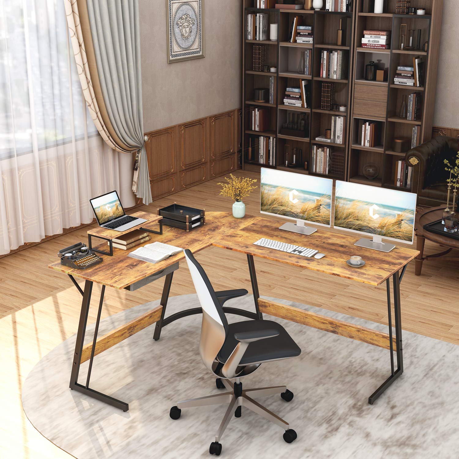 CubiCubi L Shaped Gaming Desk with Carbon Fiber Surface