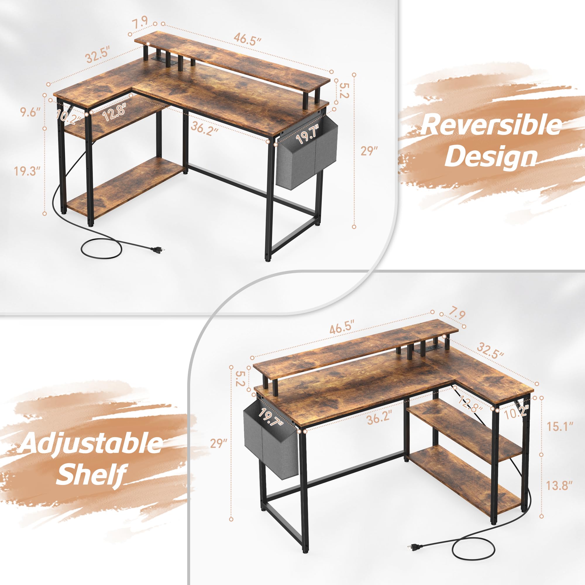 L Shaped Desk with Power Outlets and LED Lights