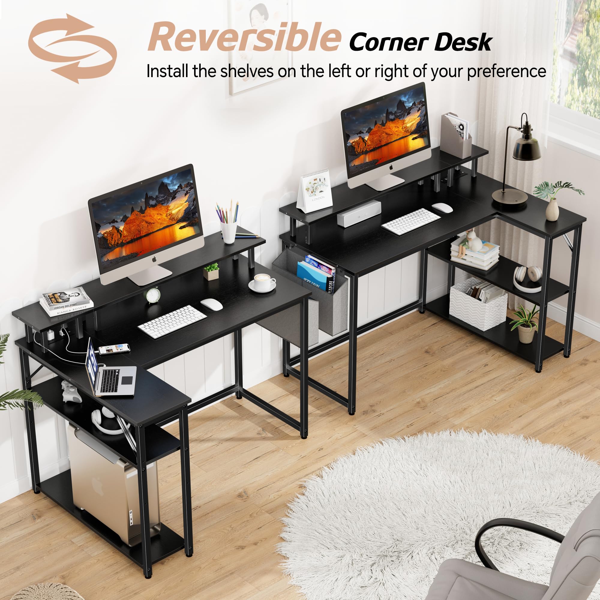 L Shaped Desk with Power Outlets and LED Lights