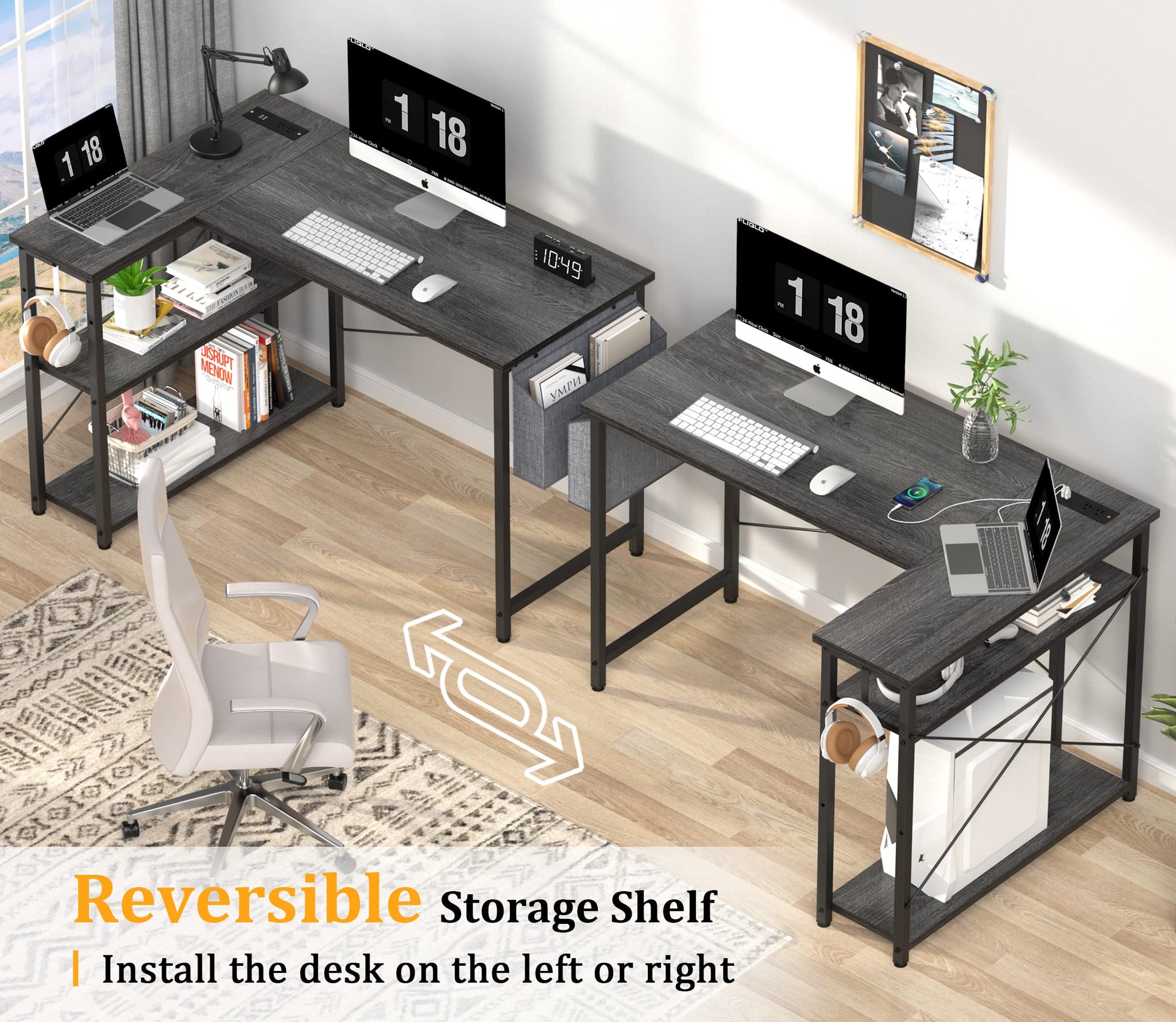 L Shaped Office Desk with USB Ports for Small Spaces