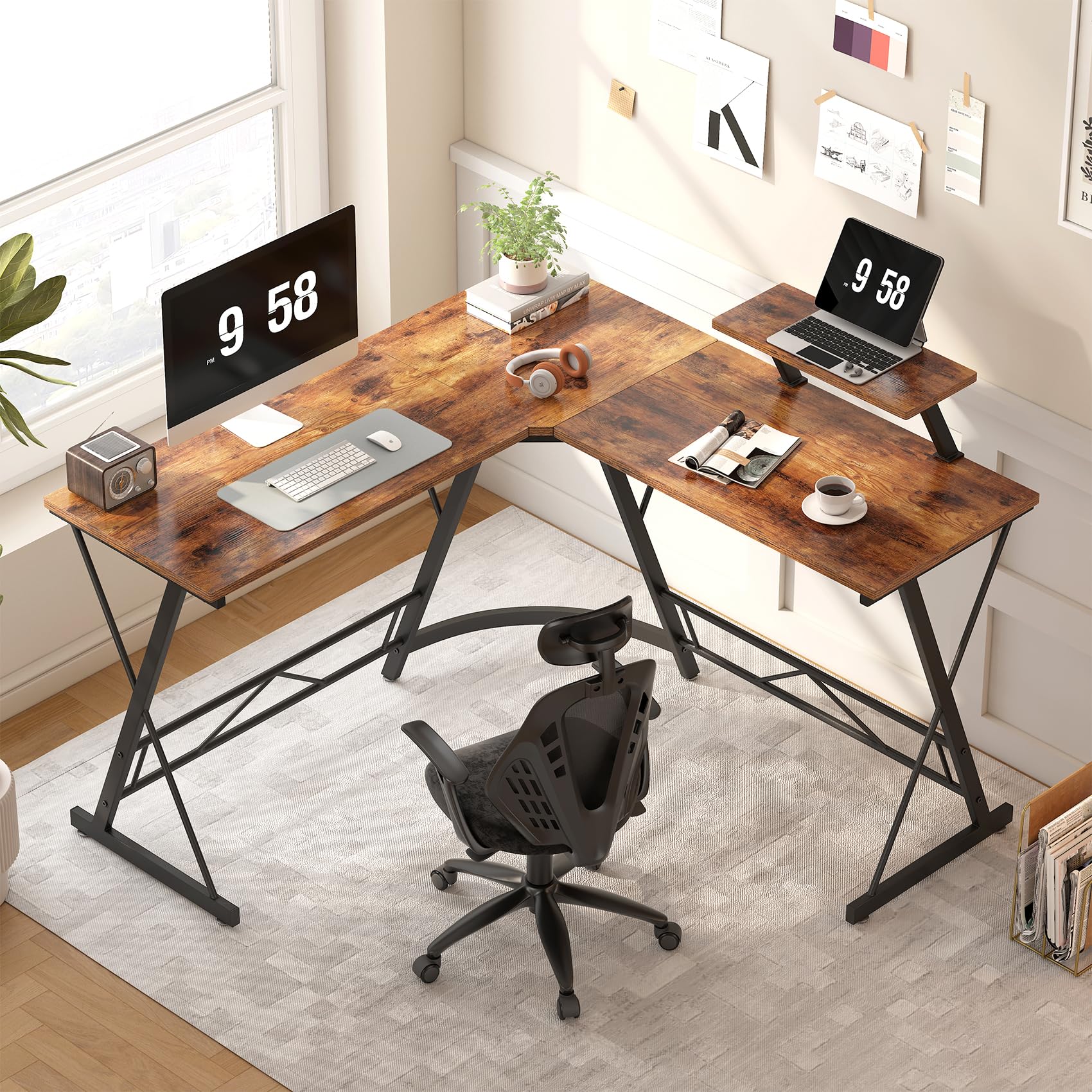 L Shaped Gaming Desk with Large Monitor Stand