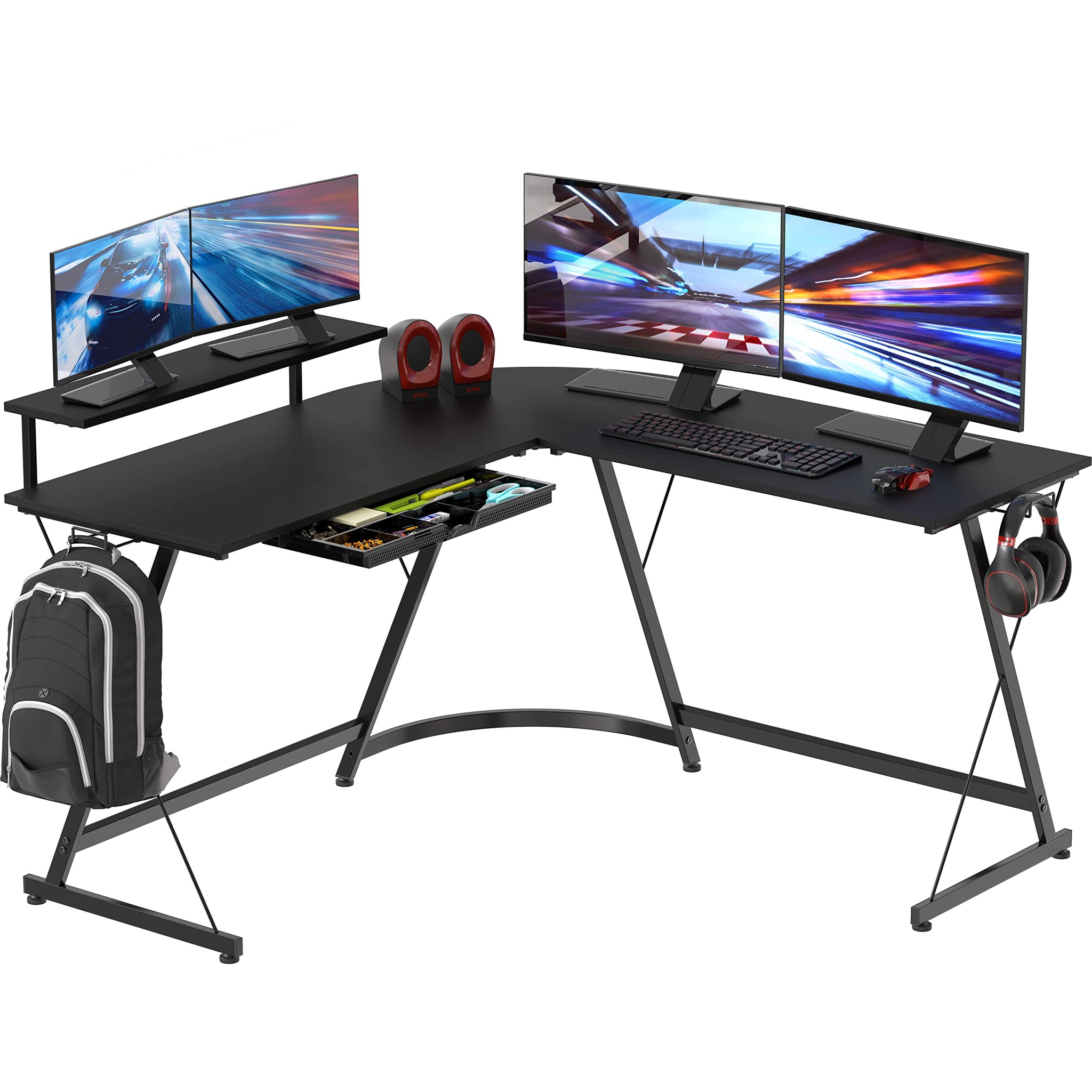 L Shaped Black Desk with Monitor Stand and Drawer