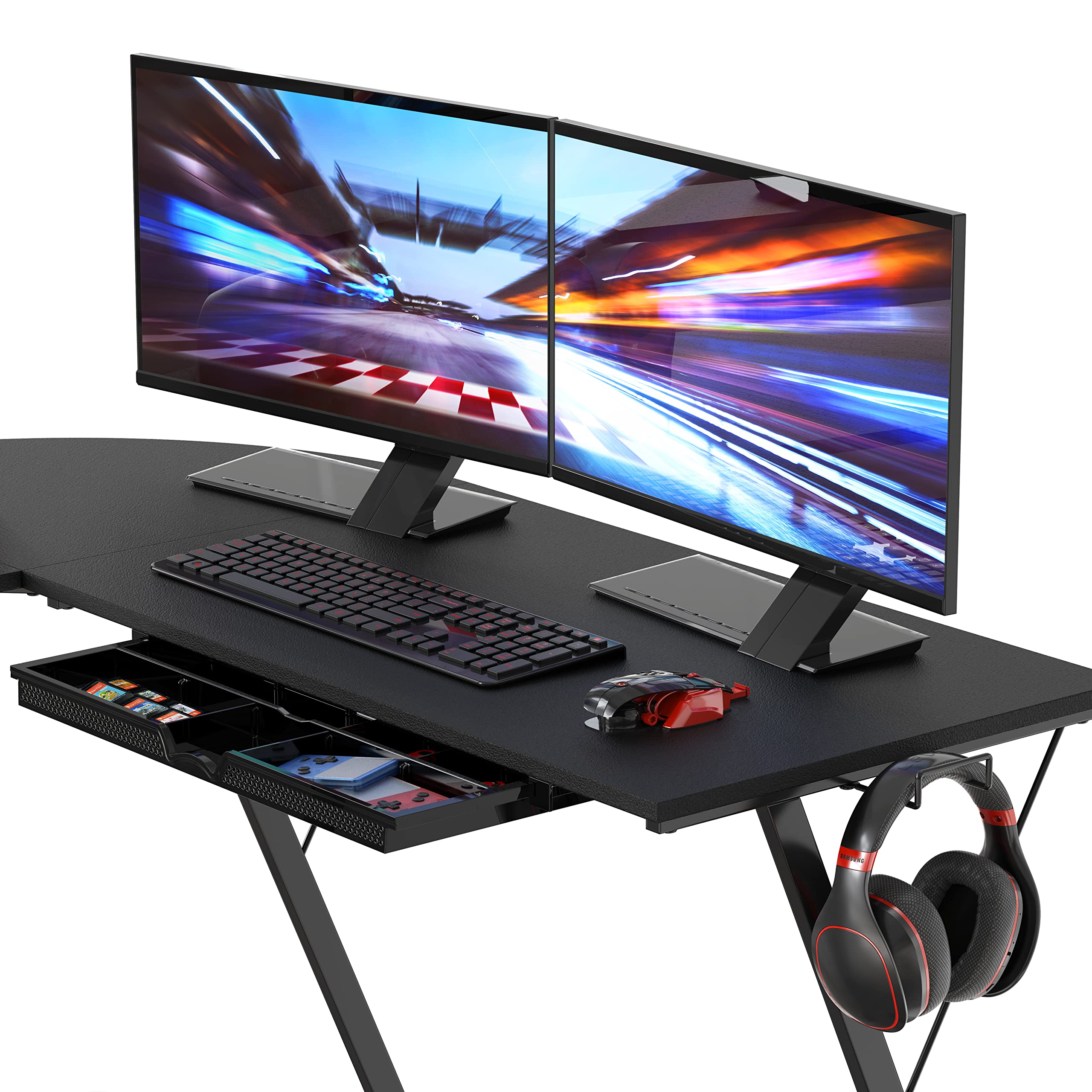 L Shaped Black Desk with Monitor Stand and Drawer
