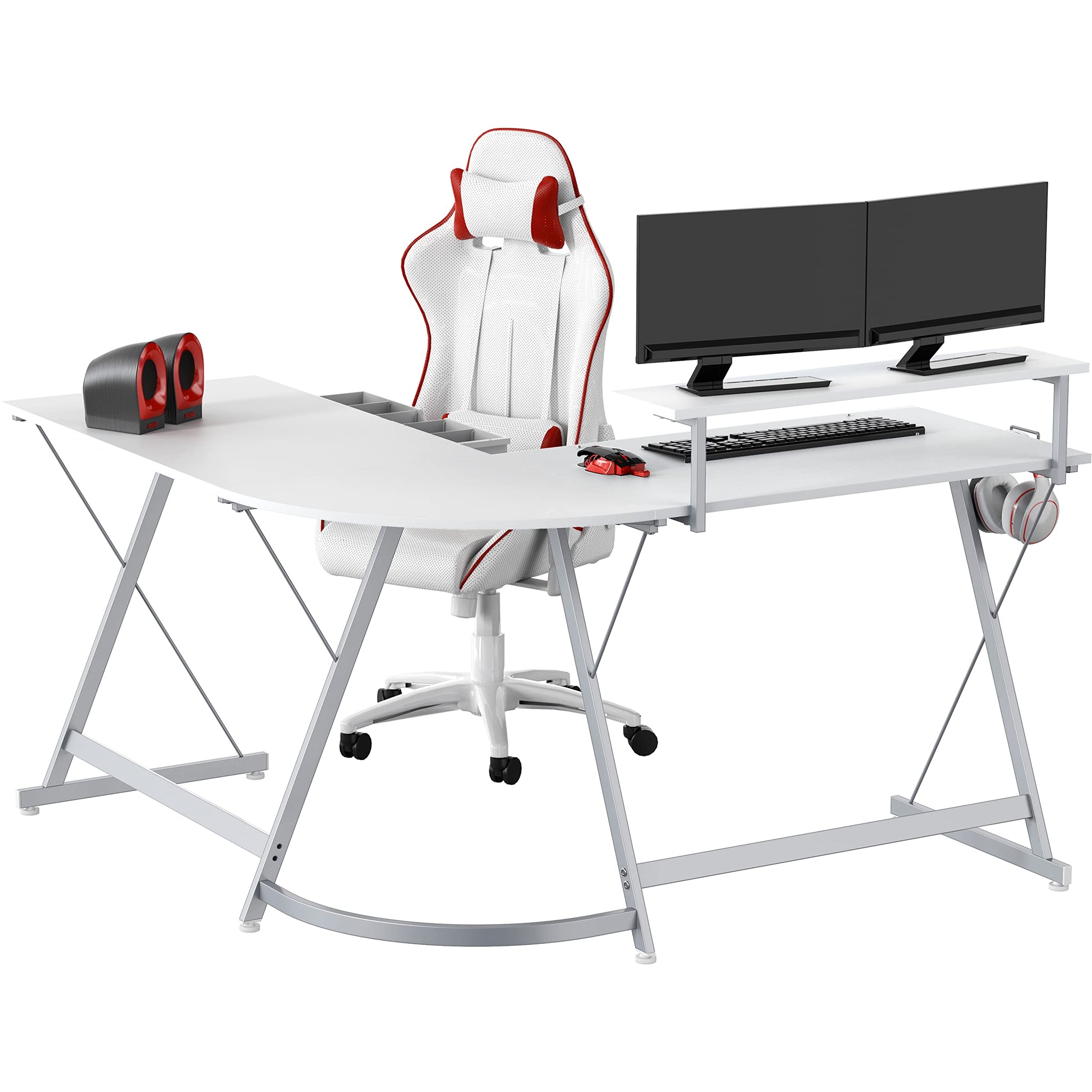 L Shaped Black Desk with Monitor Stand and Drawer