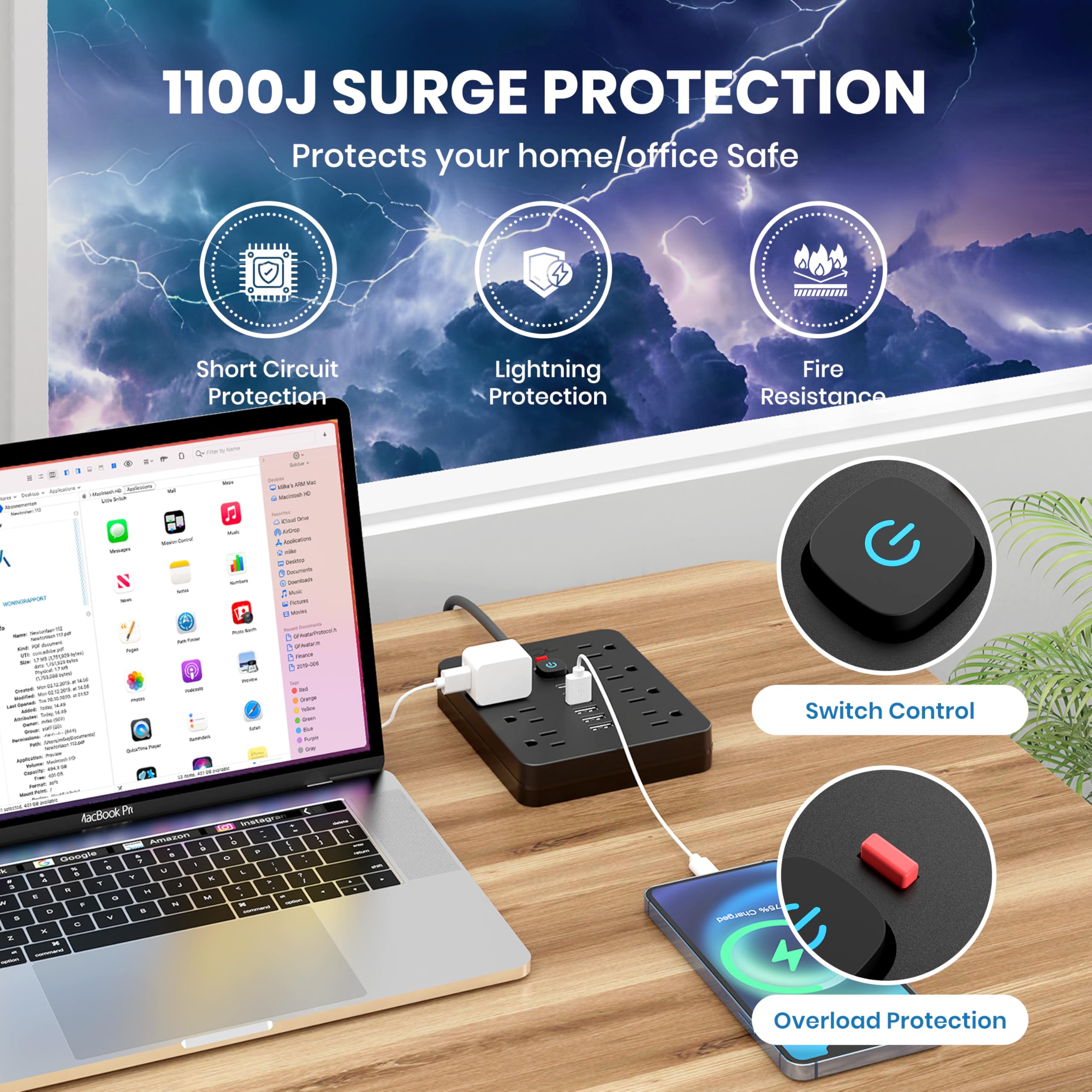 Power Strip Surge Protector With USB Ports Wall Mount