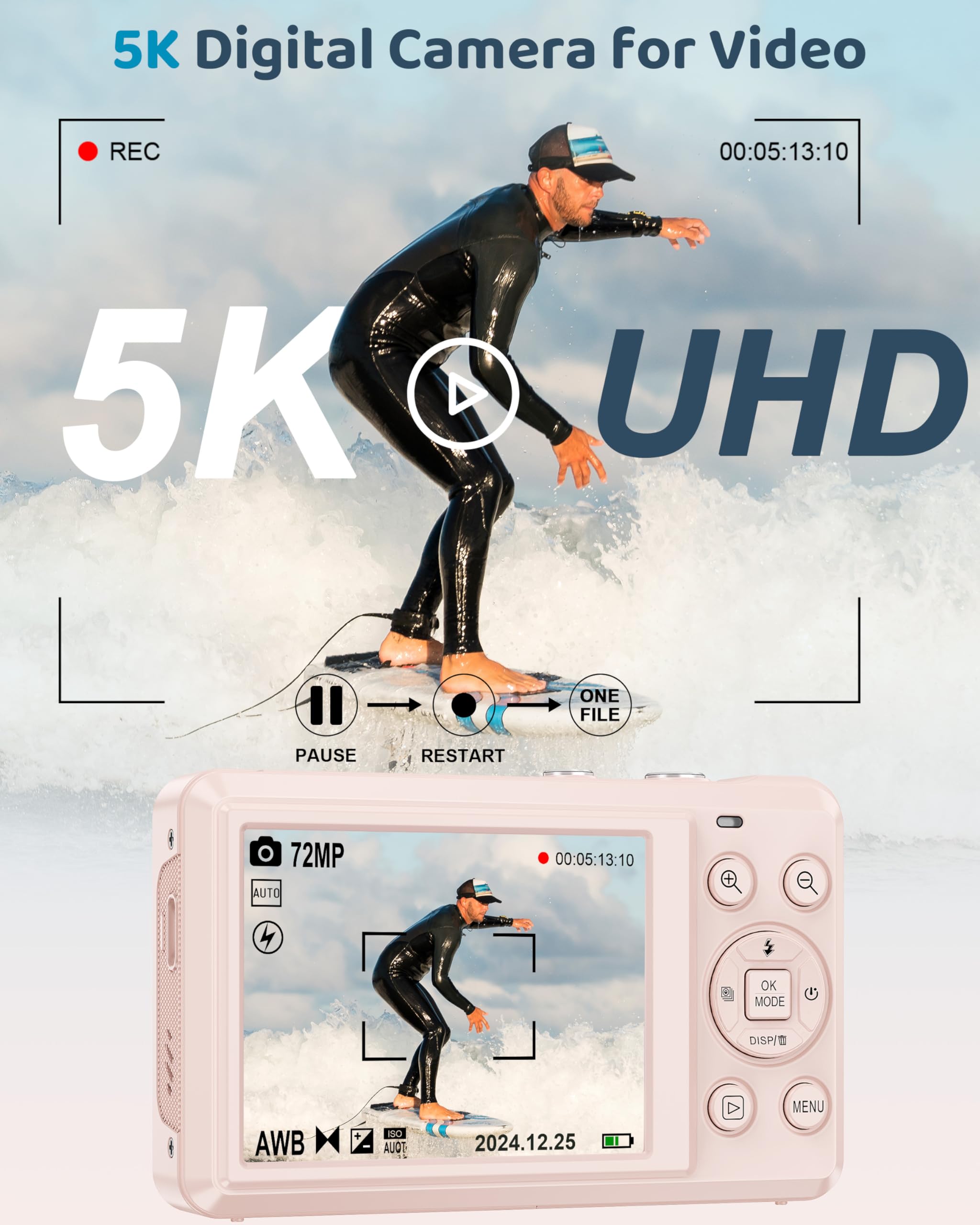 5K Digital Camera with 16X Zoom for Kids