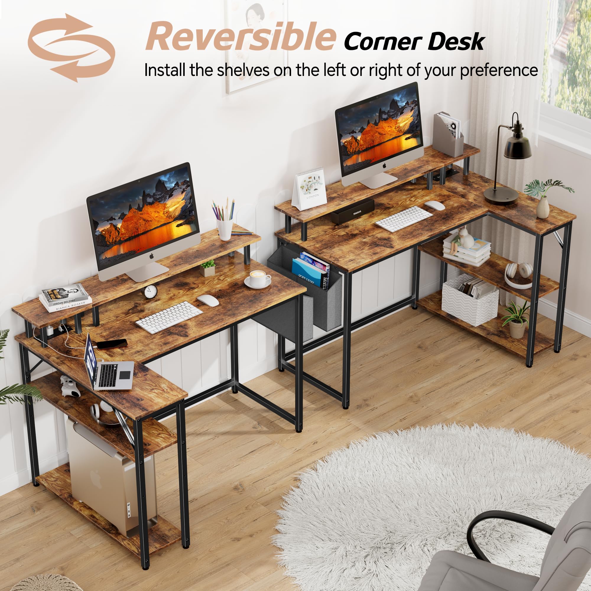 L Shaped Desk with Power Outlets and LED Lights