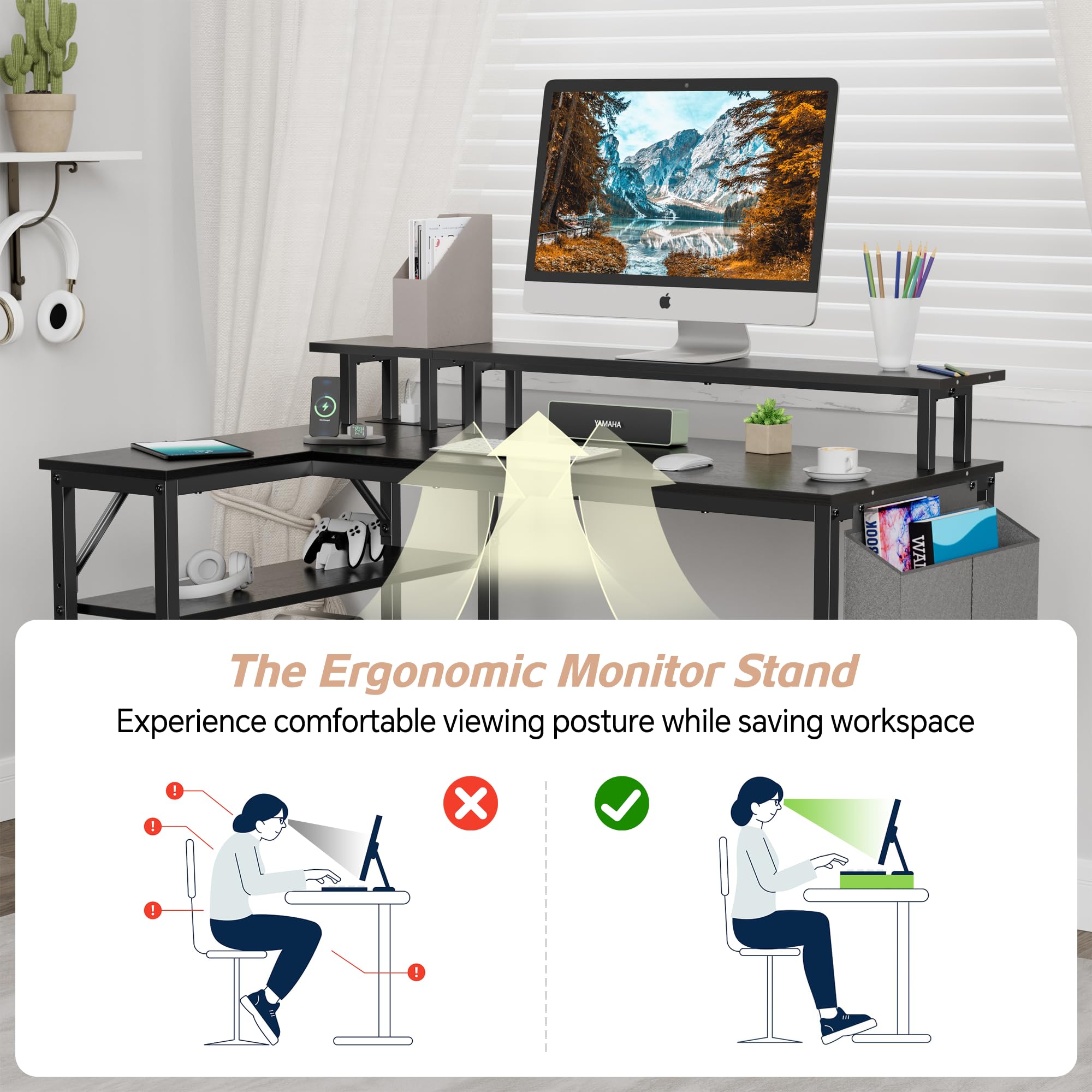 L Shaped Desk with Power Outlets and LED Lights