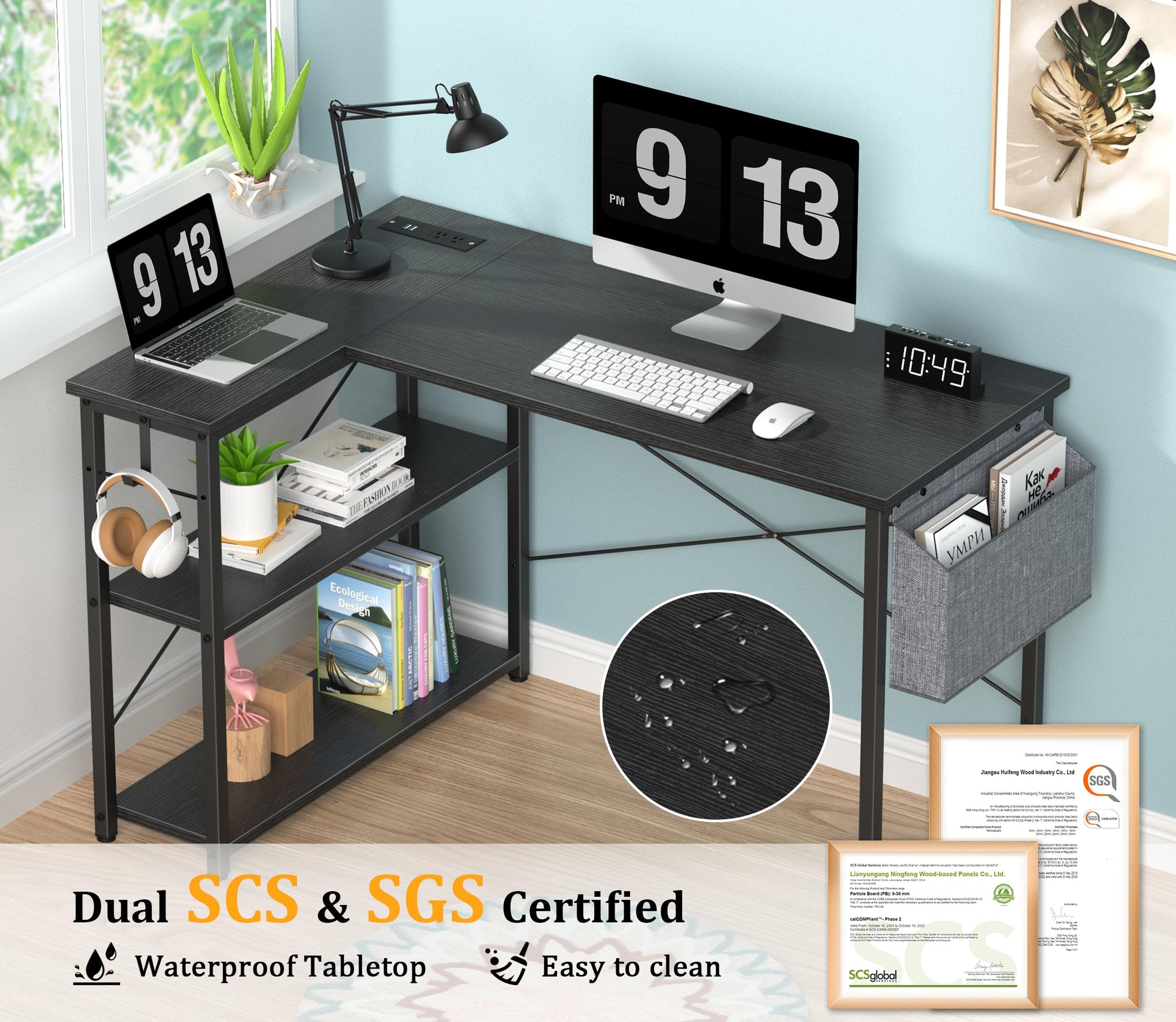 L Shaped Office Desk with USB Ports for Small Spaces