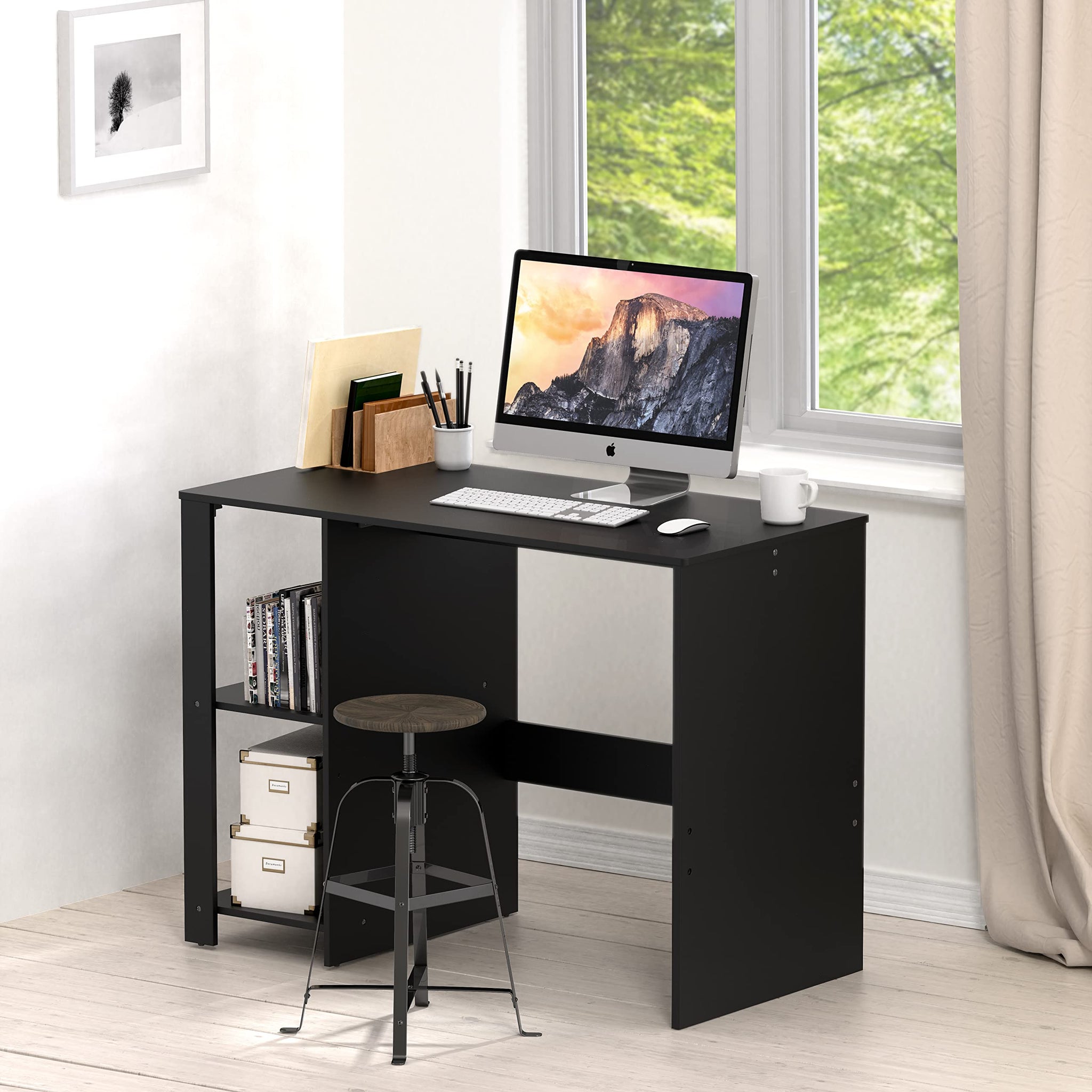 SHW 38 Inch Black Home Office Desk with Shelves