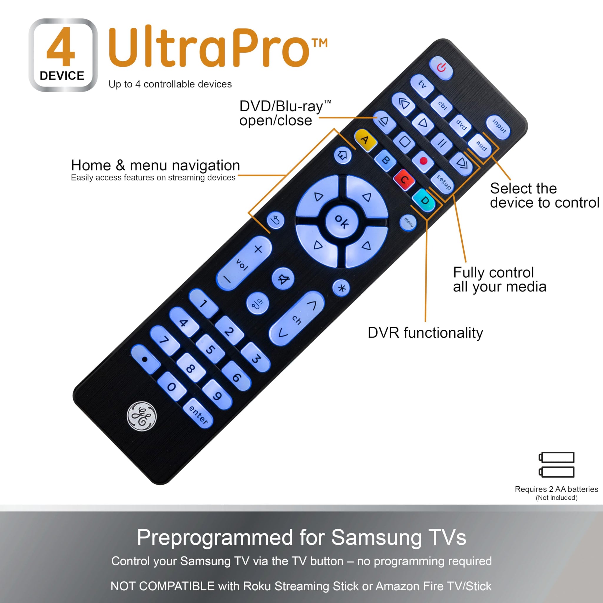 GE 4 Device Universal Remote with Backlit Buttons