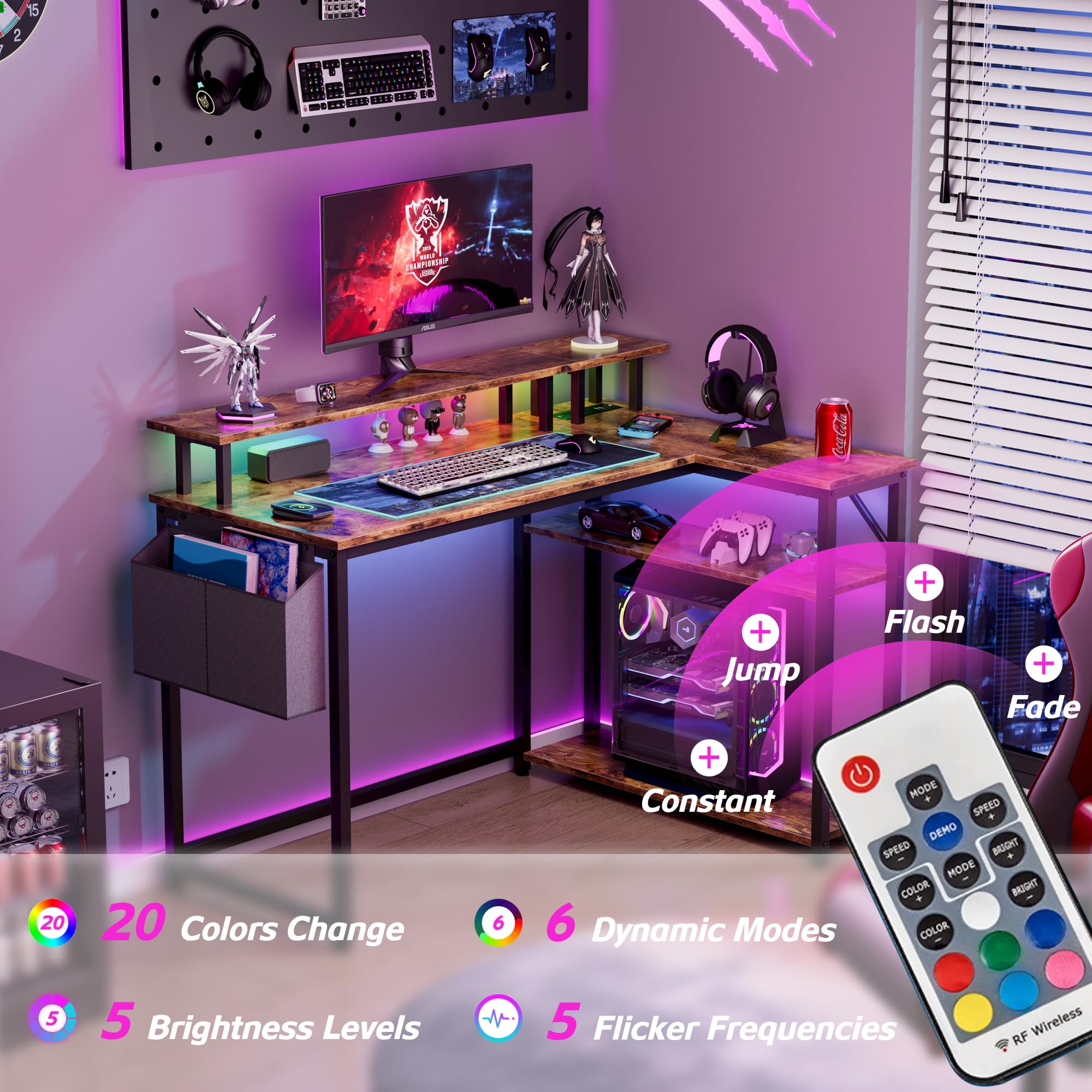 L Shaped Desk with Power Outlets and LED Lights