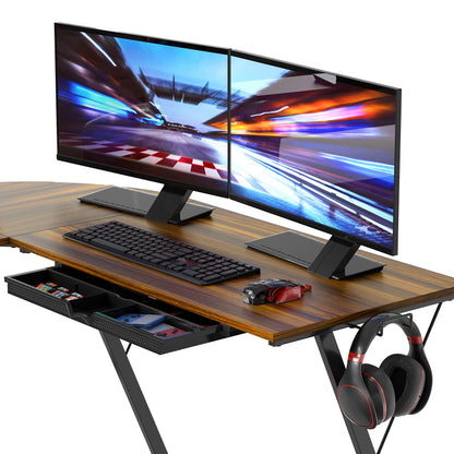 L Shaped Black Desk with Monitor Stand and Drawer
