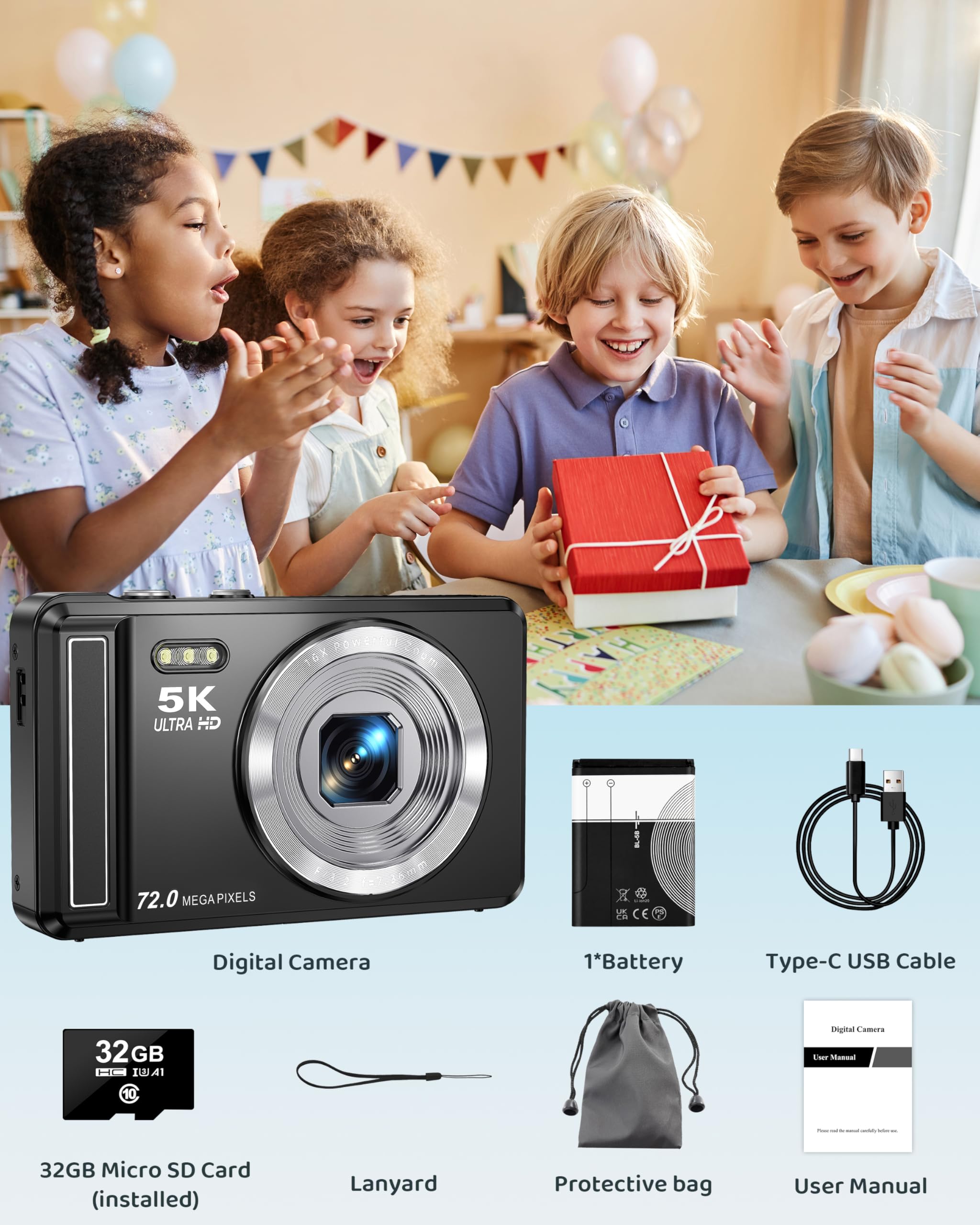 5K Digital Camera with 16X Zoom for Kids