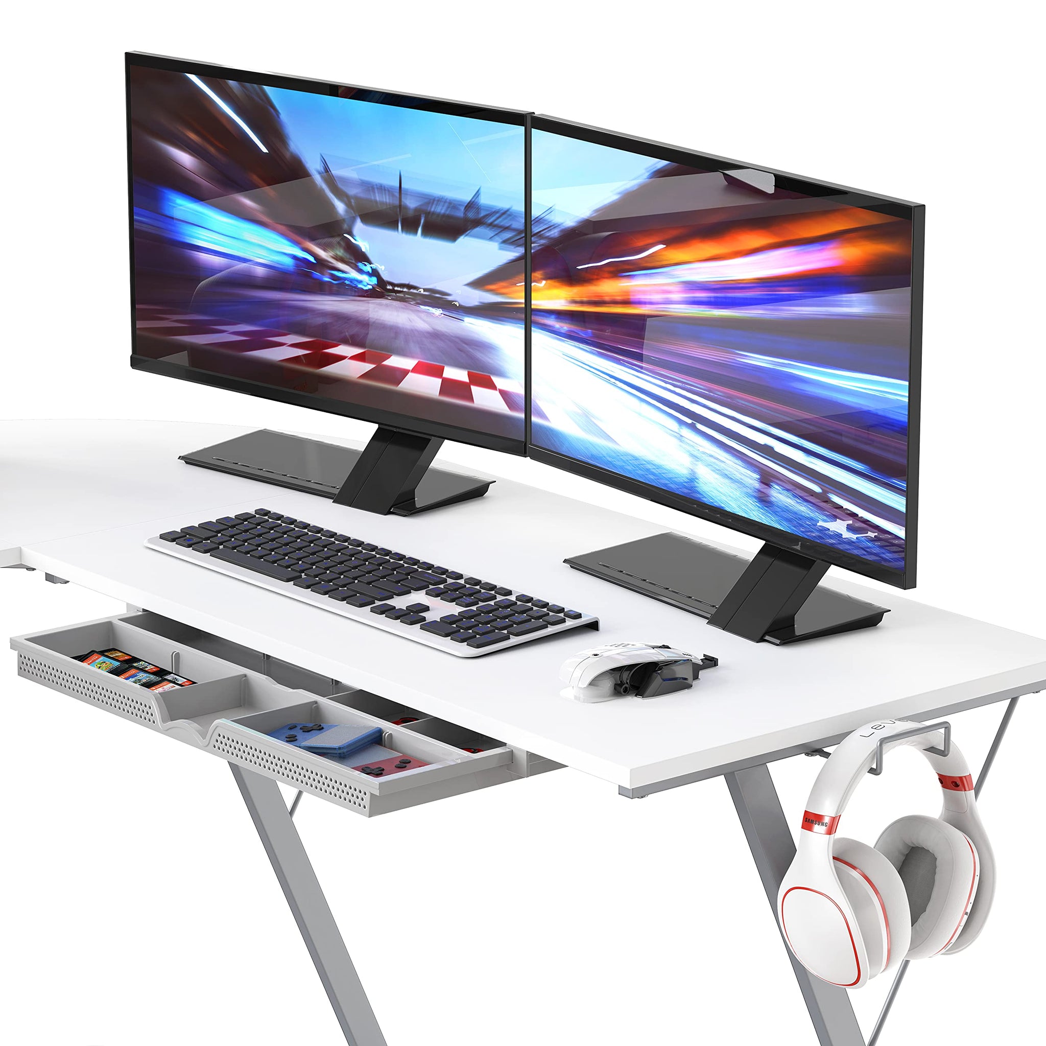 L Shaped Black Desk with Monitor Stand and Drawer