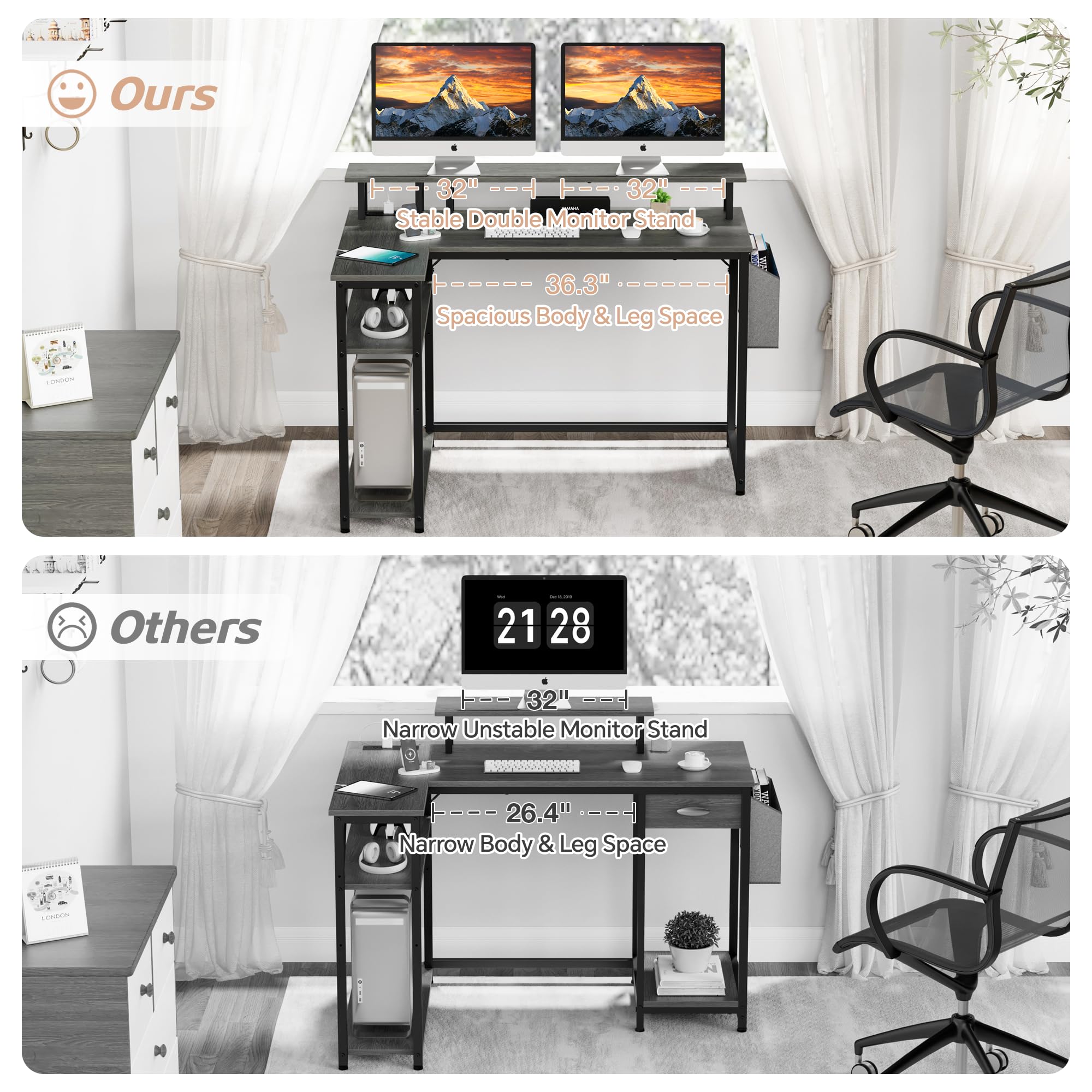 L Shaped Desk with Power Outlets and LED Lights