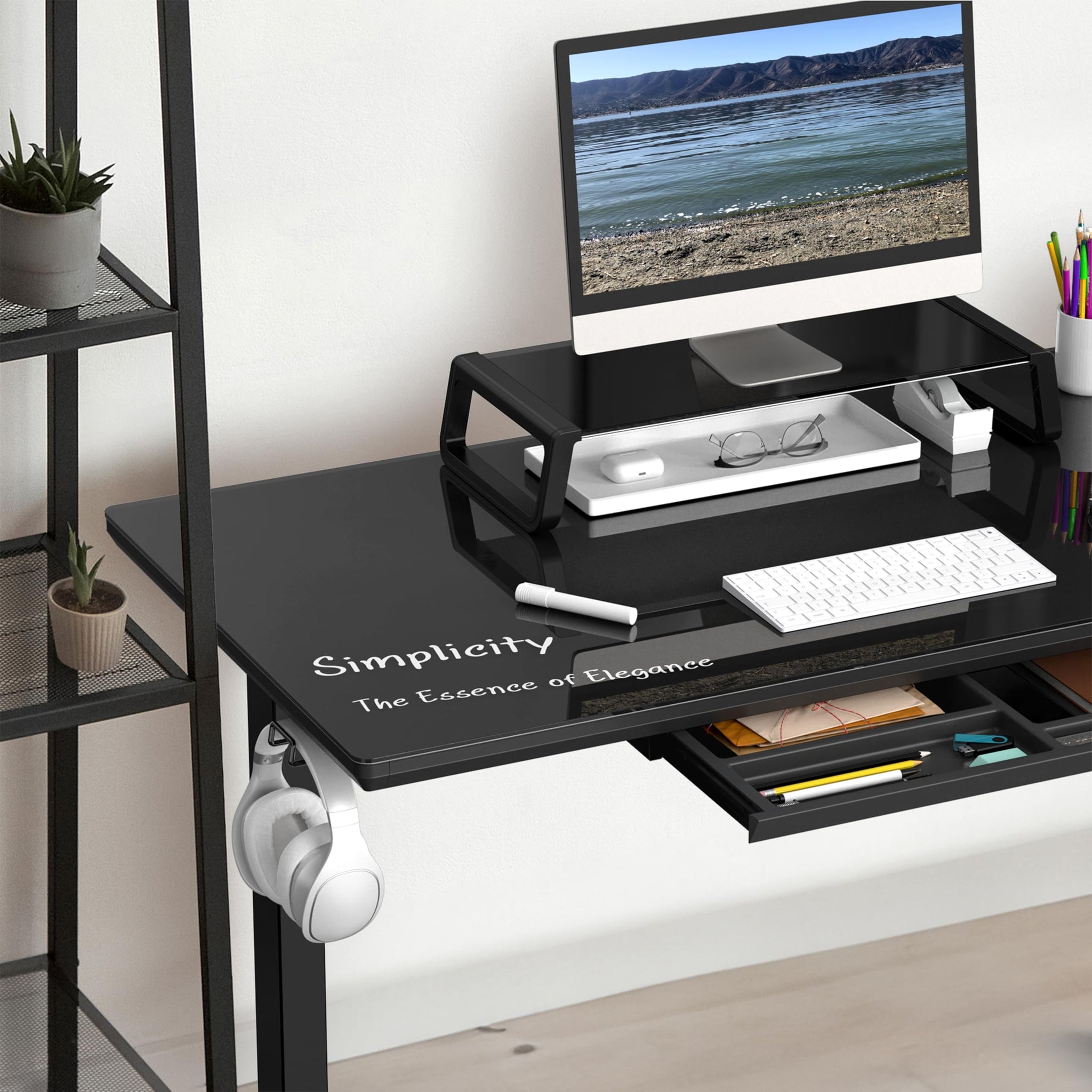 Height Adjustable Glass Desk With Monitor Riser