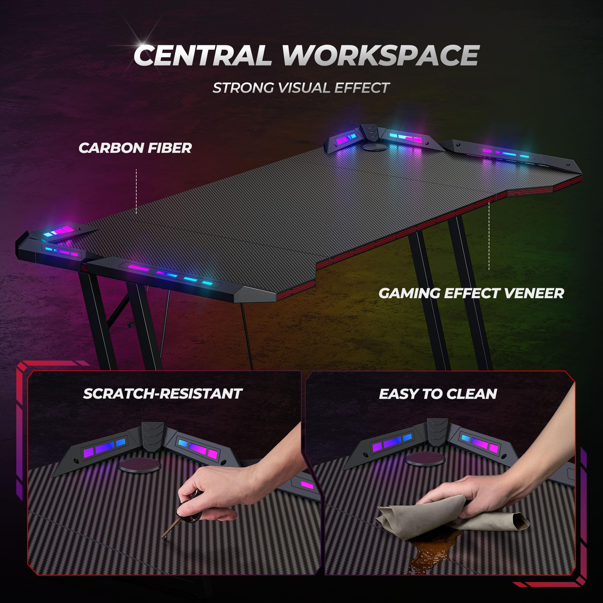 CubiCubi Gaming Desk with LED Lights and Ergonomic Design