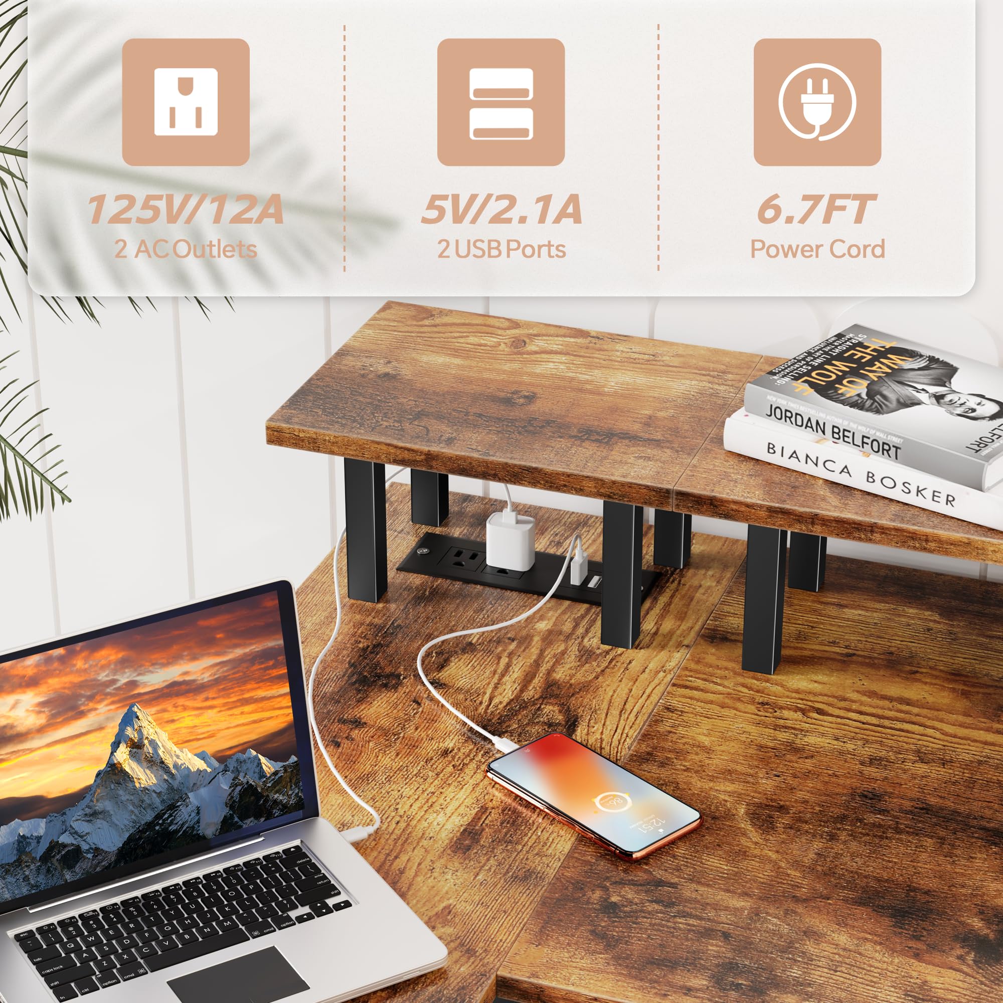 L Shaped Desk with Power Outlets and LED Lights